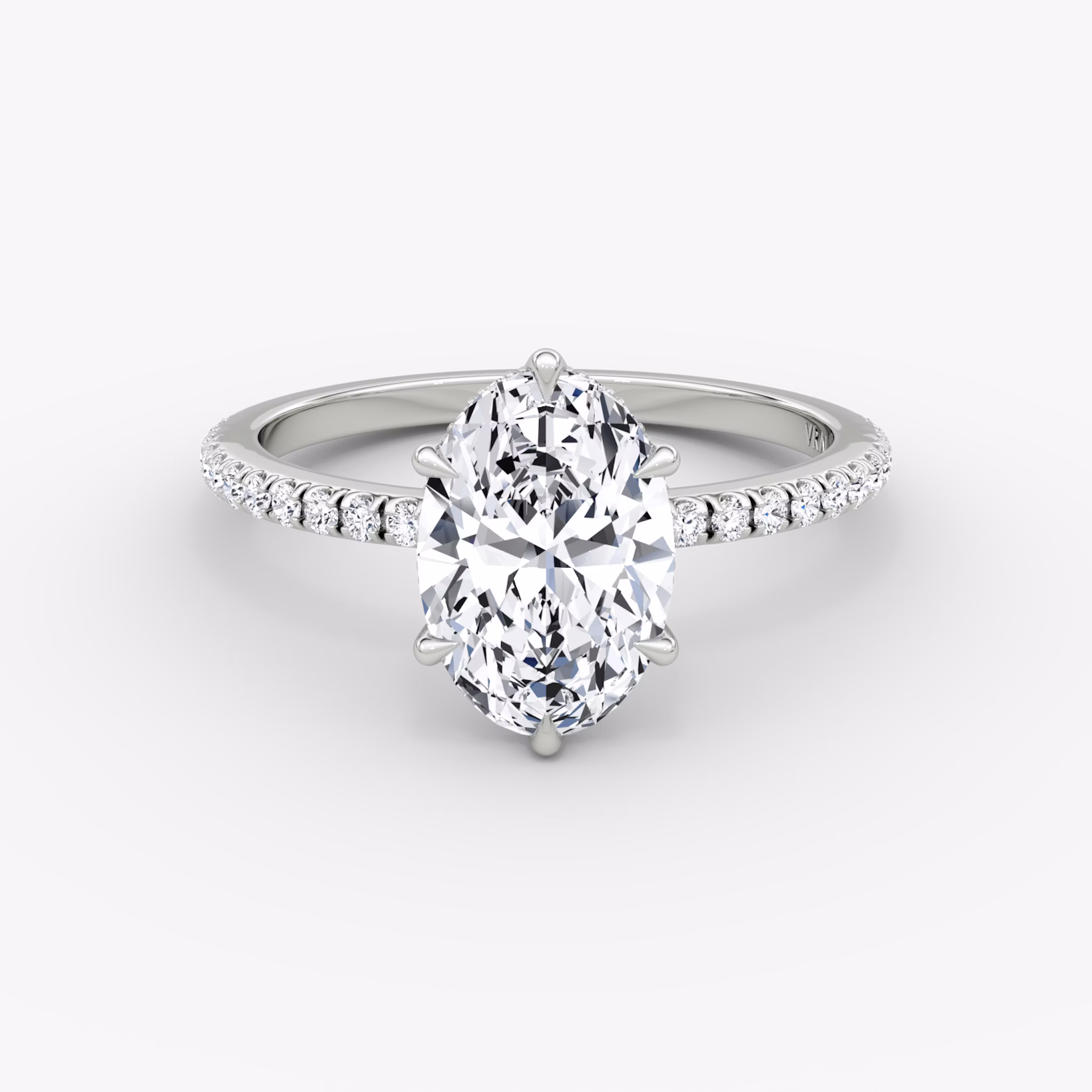 The Signature 6 Prong | Oval | 18k | White Gold | bandAccent: Pavé | bandWidth: standard | hiddenHalo: yes | diamondOrientation: vertical | caratWeight: other
