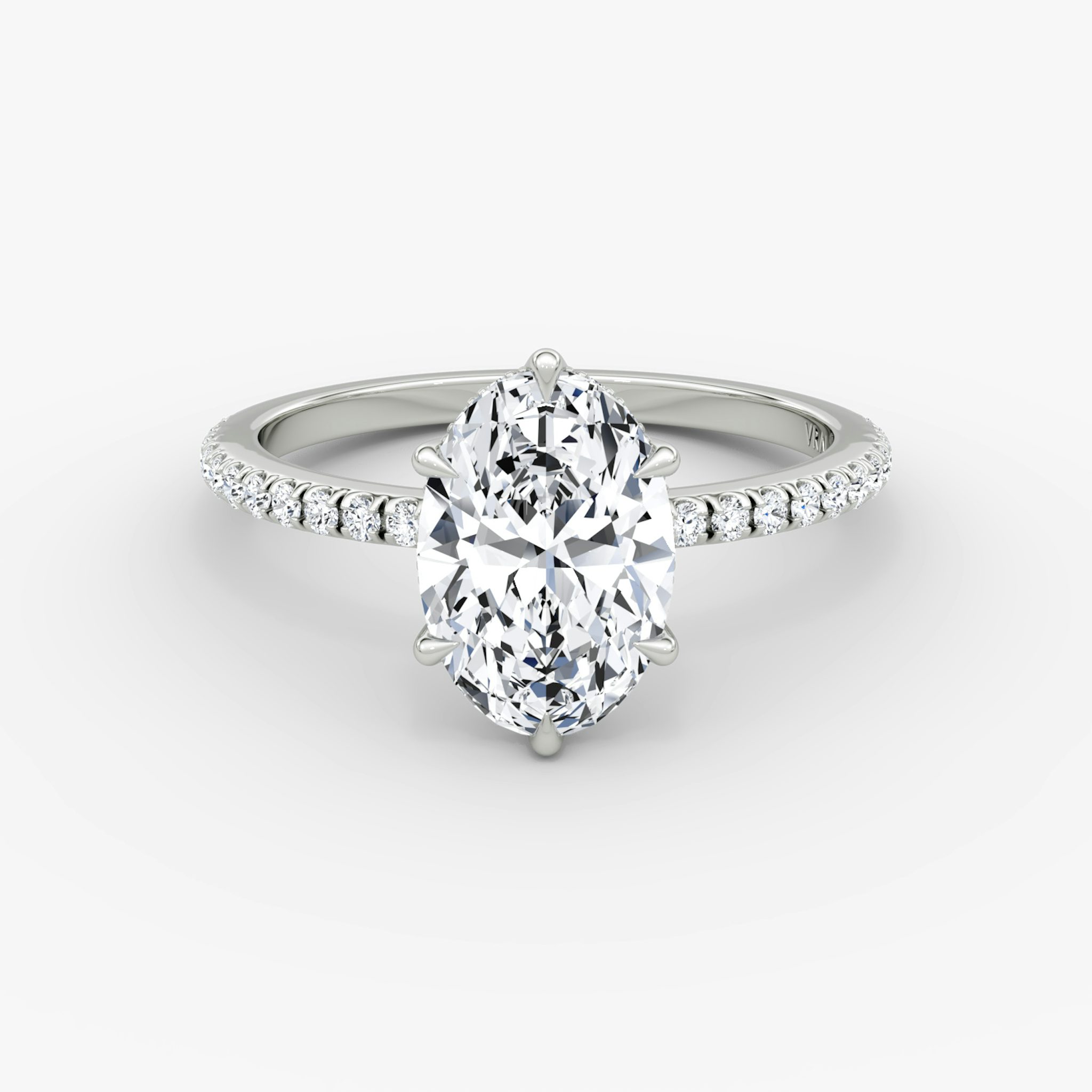 The Signature 6 Prong | Oval | 18k | White Gold | bandAccent: Pavé | bandWidth: standard | hiddenHalo: yes | diamondOrientation: vertical | caratWeight: other