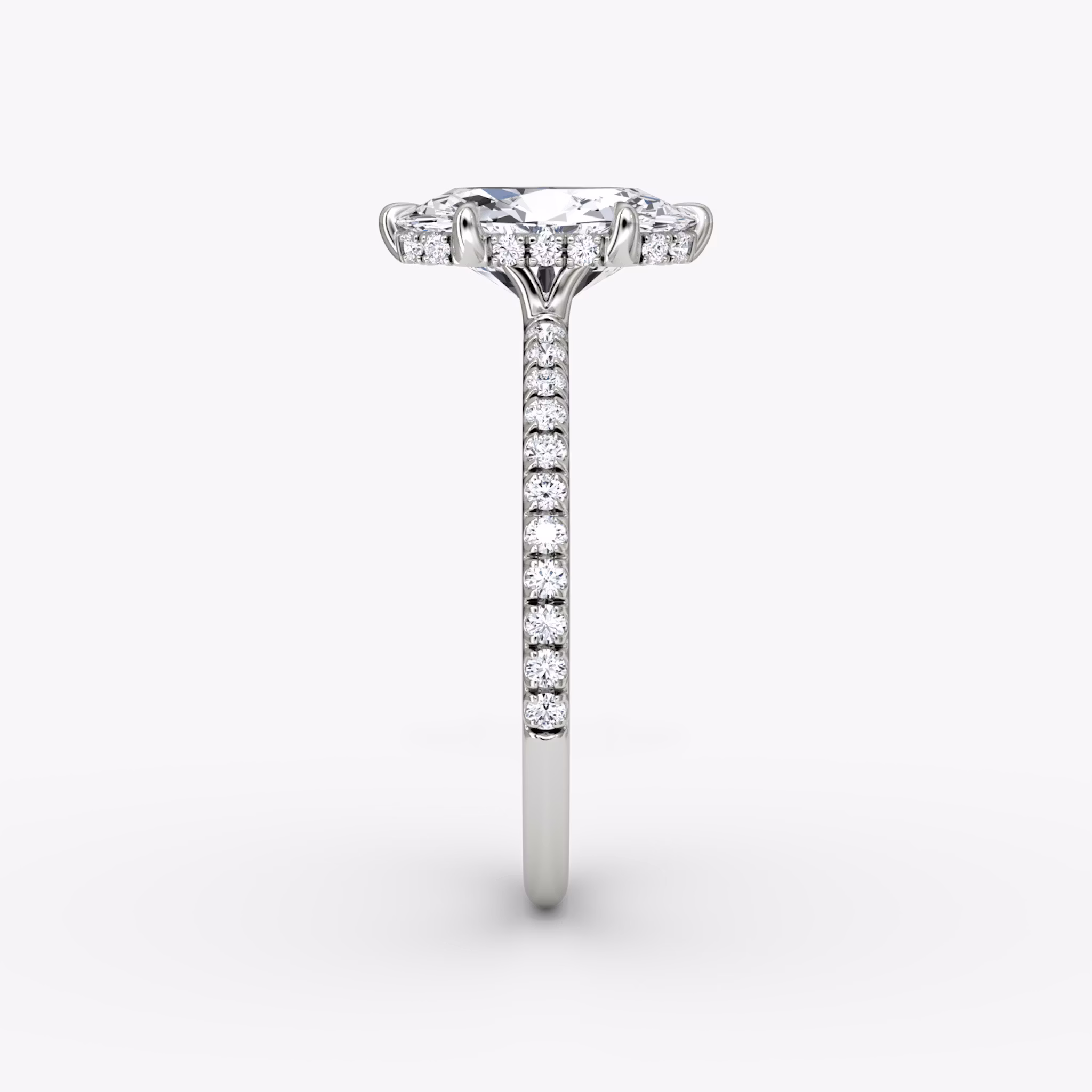 The Signature 6 Prong | Oval | 18k | White Gold | bandAccent: Pavé | bandWidth: standard | hiddenHalo: yes | diamondOrientation: vertical | caratWeight: other