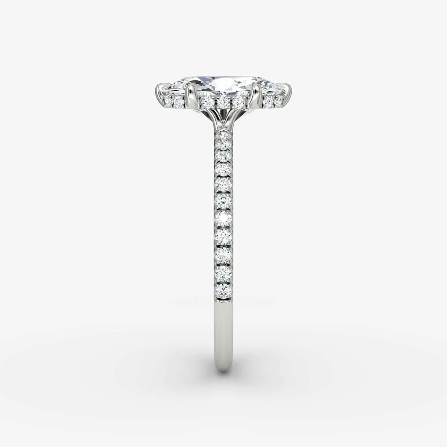 The Signature 6 Prong | Oval | Platinum | bandAccent: Pavé | bandWidth: standard | hiddenHalo: yes | diamondOrientation: vertical | caratWeight: other