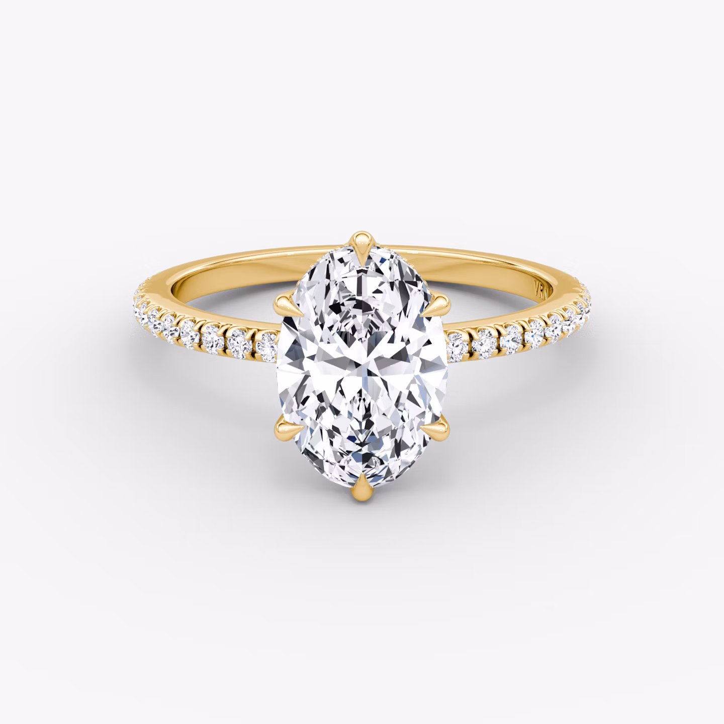The Signature 6 Prong | Oval | 18k | Yellow Gold | bandAccent: Pavé | bandWidth: standard | hiddenHalo: yes | diamondOrientation: vertical | caratWeight: other
