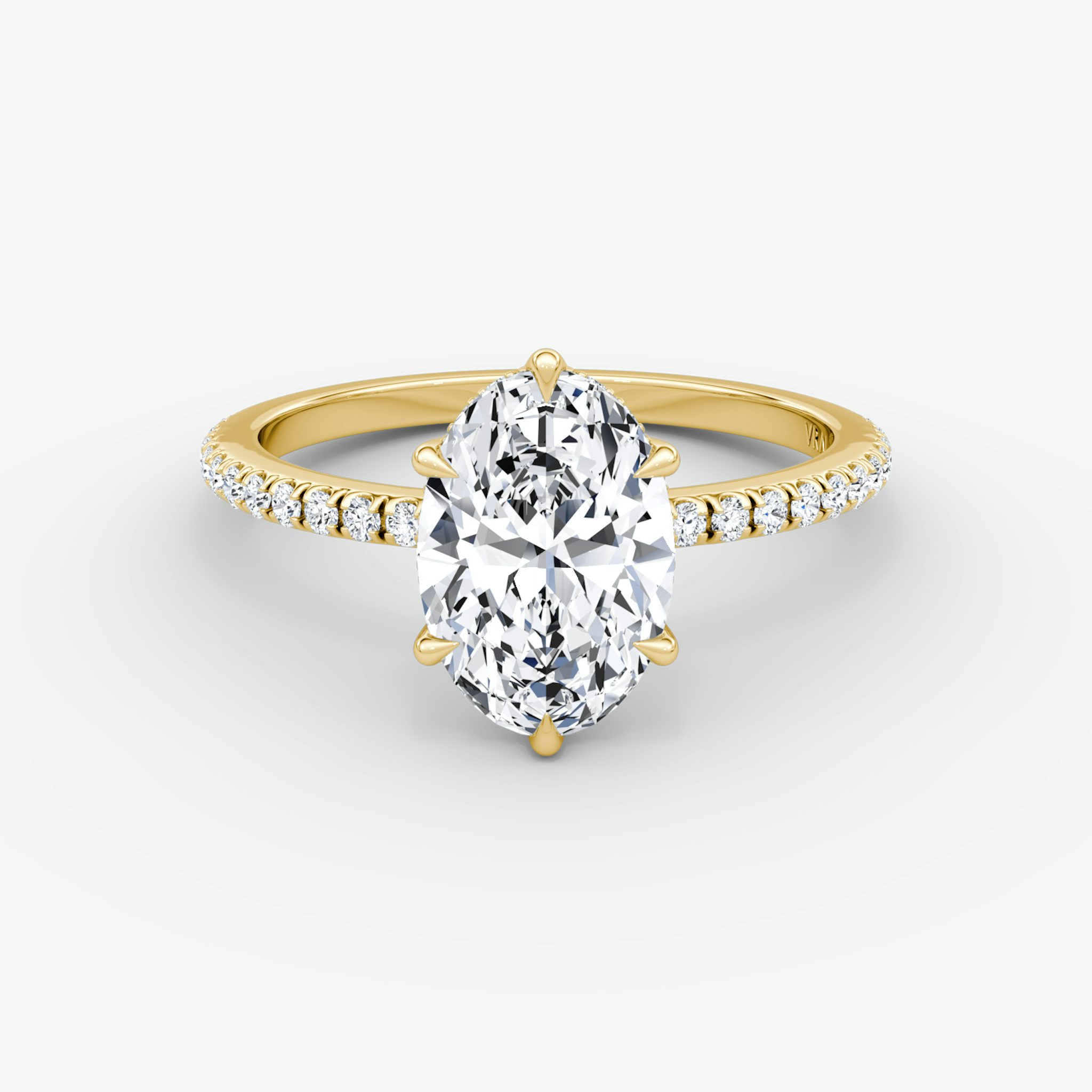 The Signature 6 Prong | Oval | 18k | Yellow Gold | bandAccent: Pavé | bandWidth: standard | hiddenHalo: yes | diamondOrientation: vertical | caratWeight: other