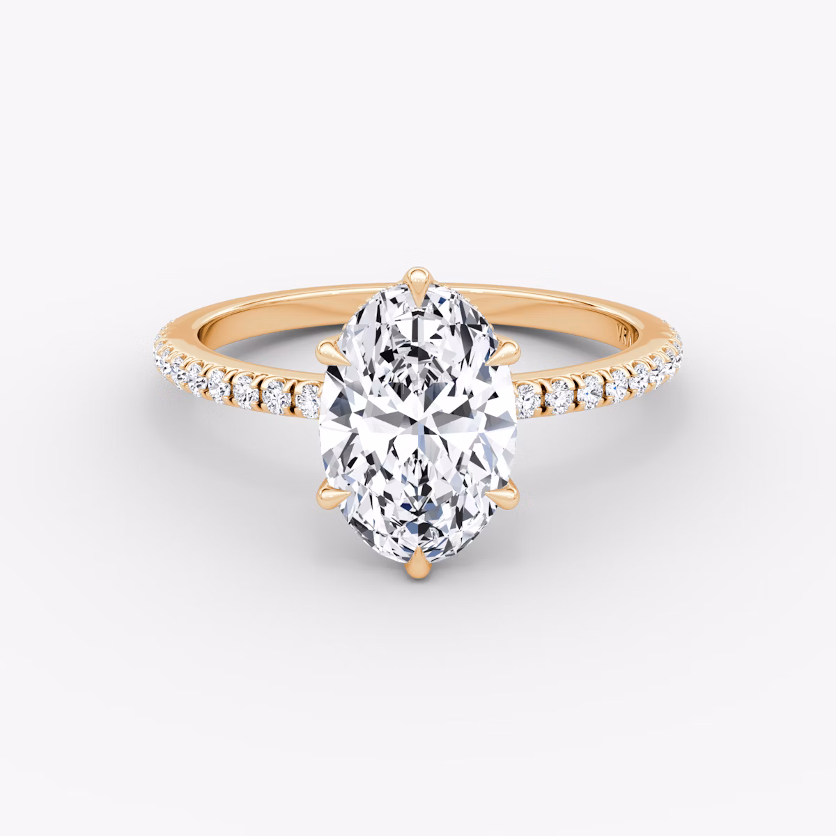 The Signature 6 Prong | Oval | 14k | Rose Gold | bandAccent: Pavé | bandWidth: standard | hiddenHalo: yes | diamondOrientation: vertical | caratWeight: other