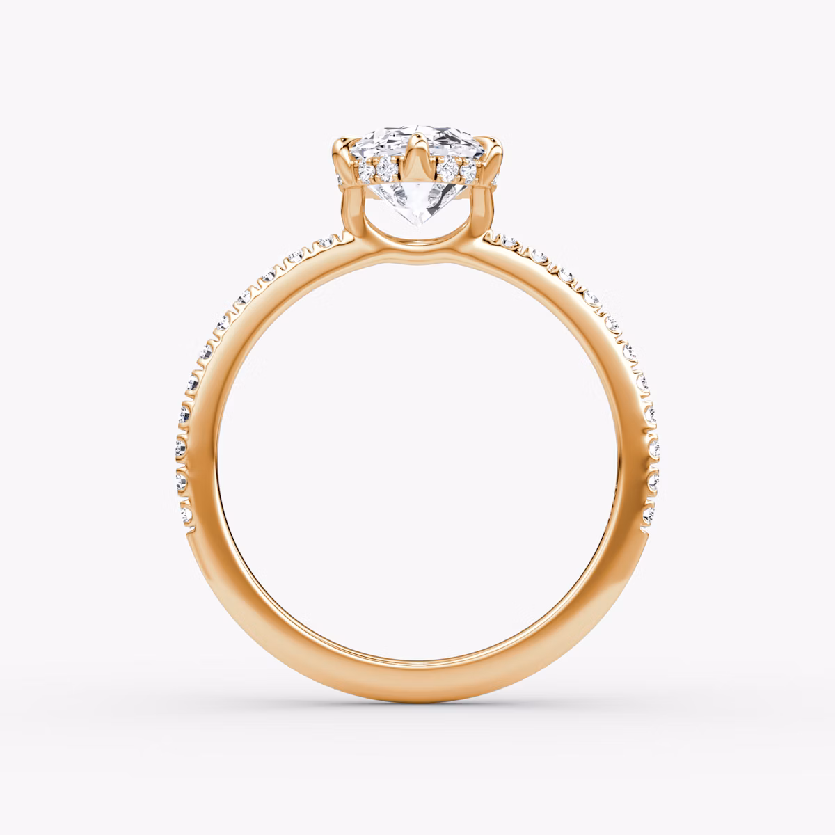 The Signature 6 Prong | Oval | 14k | Rose Gold | bandAccent: Pavé | bandWidth: standard | hiddenHalo: yes | diamondOrientation: vertical | caratWeight: other