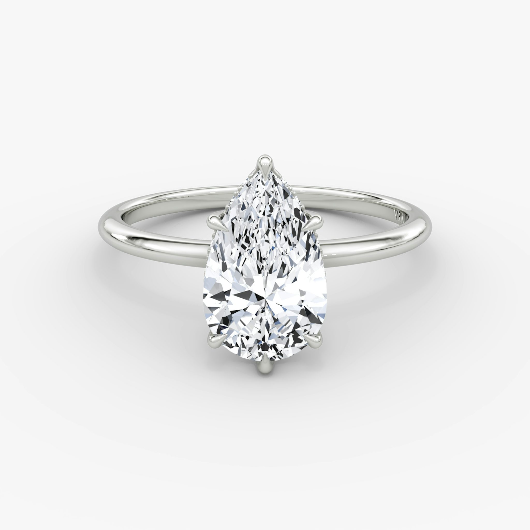 The Signature 6 Prong | Pear | 18k | White Gold | bandAccent: Plain | bandWidth: standard | hiddenHalo: yes | diamondOrientation: vertical | caratWeight: other