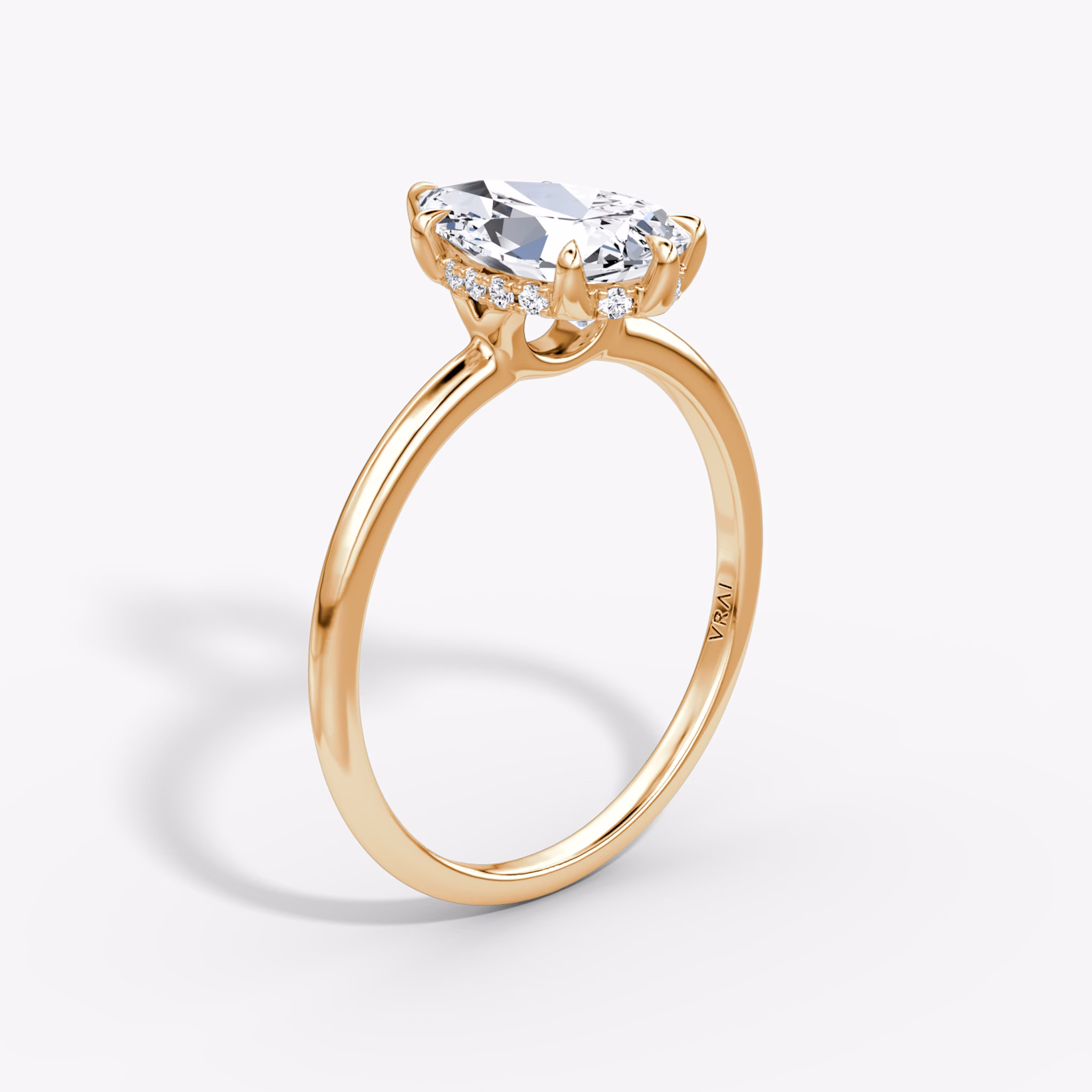 The Signature 6 Prong | Pear | 14k | Rose Gold | bandAccent: Plain | bandWidth: standard | hiddenHalo: yes | diamondOrientation: vertical | caratWeight: other