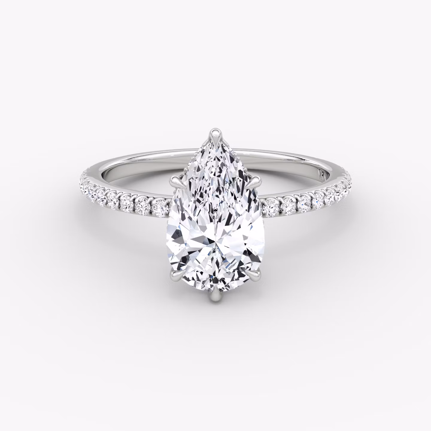 The Signature 6 Prong | Pear | Platinum | bandAccent: Pavé | bandWidth: standard | hiddenHalo: yes | diamondOrientation: vertical | caratWeight: other