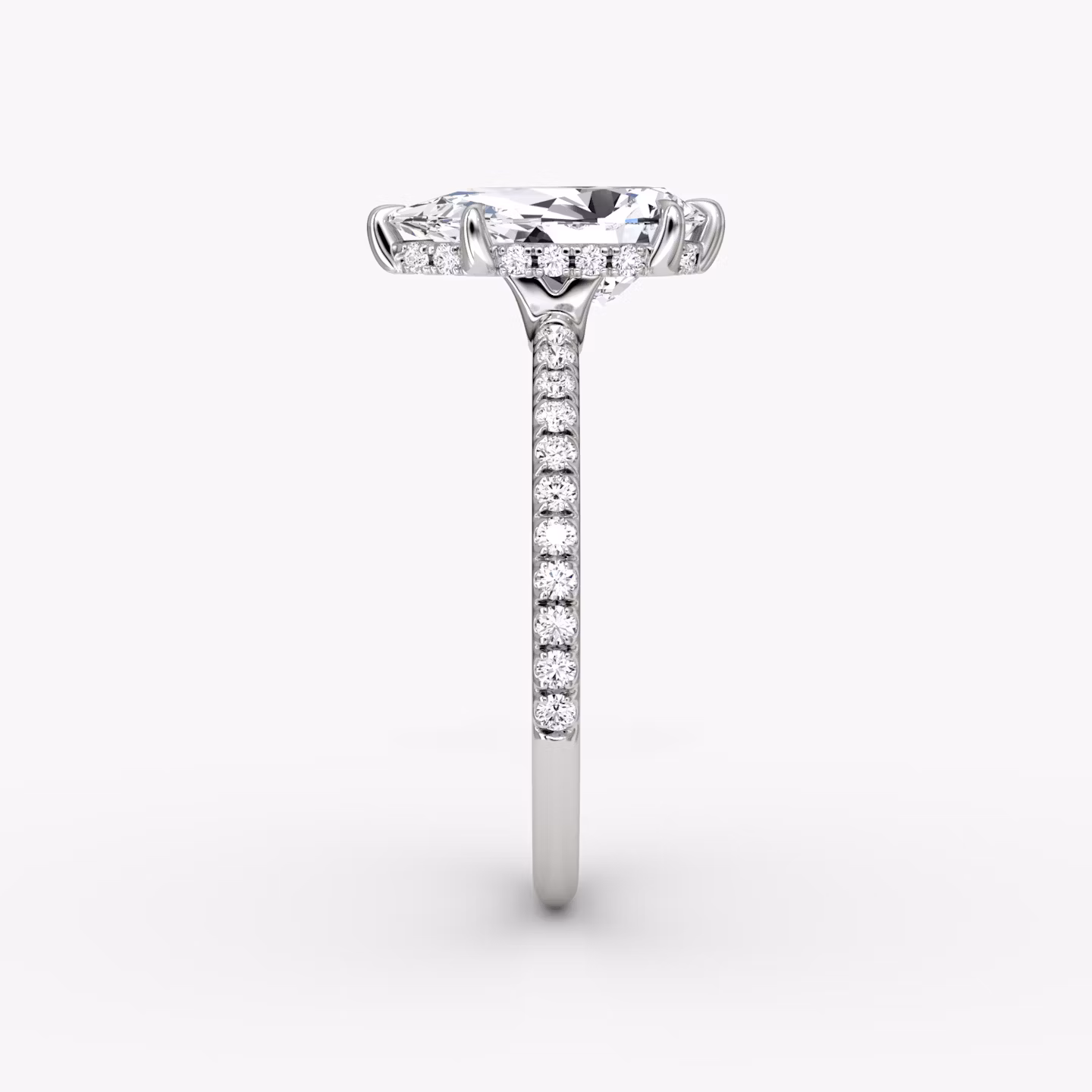 The Signature 6 Prong | Pear | Platinum | bandAccent: Pavé | bandWidth: standard | hiddenHalo: yes | diamondOrientation: vertical | caratWeight: other