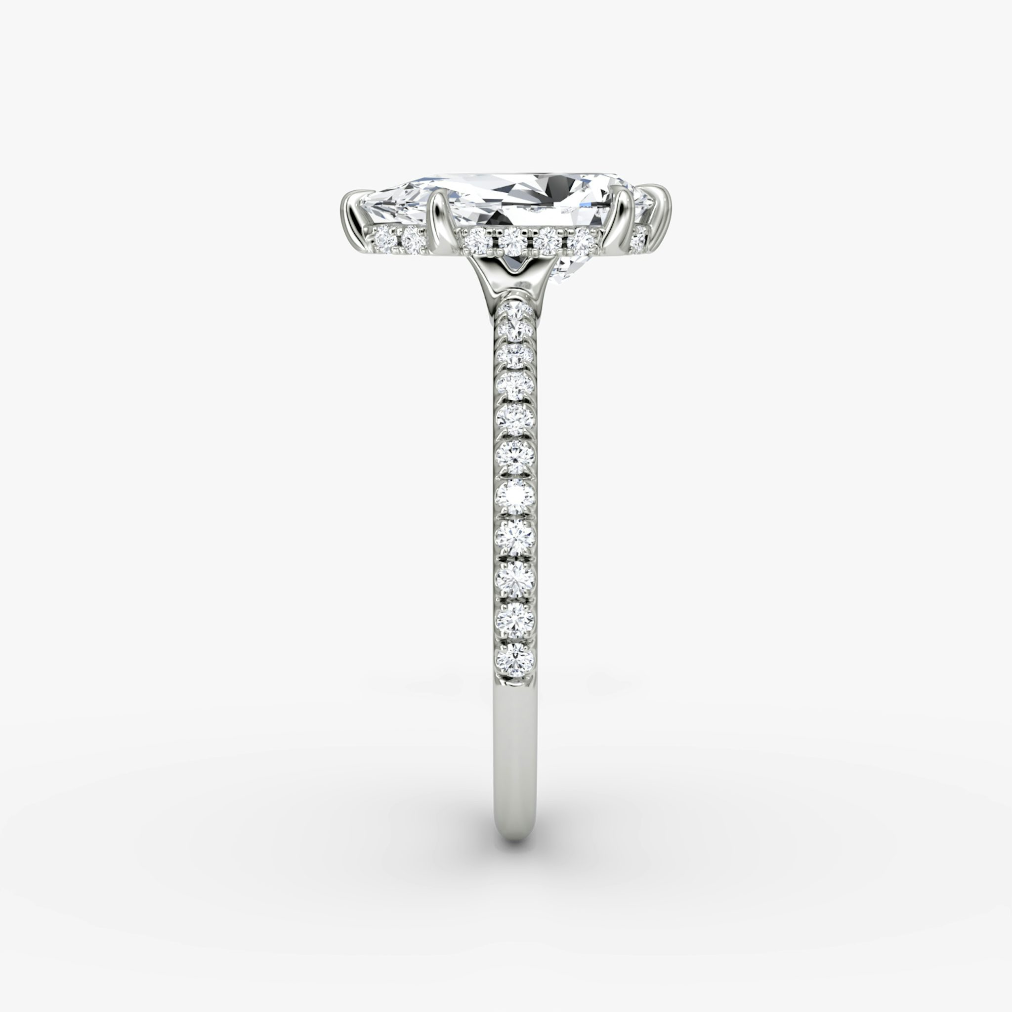 The Signature 6 Prong | Pear | 18k | White Gold | bandAccent: Pavé | bandWidth: standard | hiddenHalo: yes | diamondOrientation: vertical | caratWeight: other