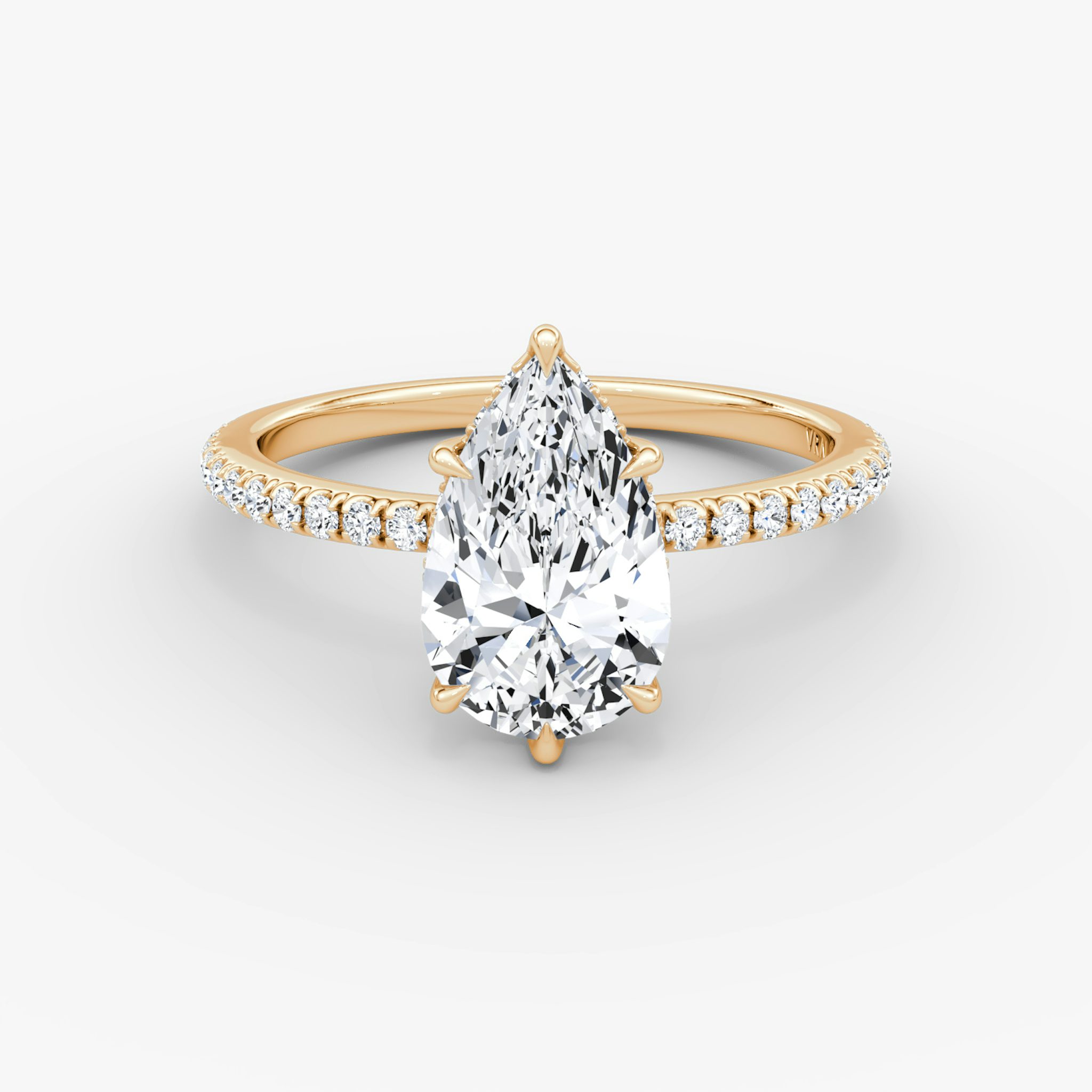 The Signature 6 Prong | Pear | 14k | Rose Gold | bandAccent: Pavé | bandWidth: standard | hiddenHalo: yes | diamondOrientation: vertical | caratWeight: other