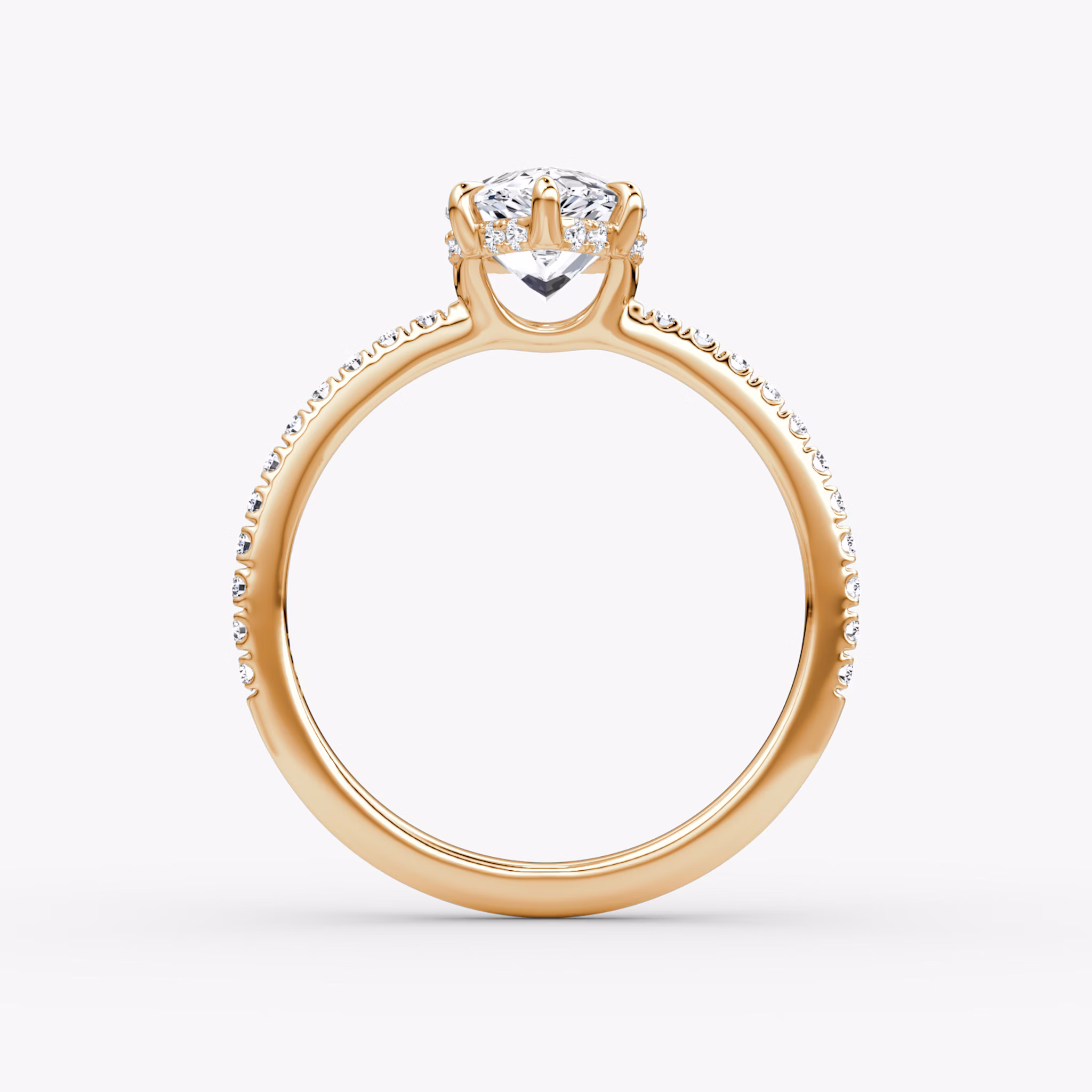 The Signature 6 Prong | Pear | 14k | Rose Gold | bandAccent: Pavé | bandWidth: standard | hiddenHalo: yes | diamondOrientation: vertical | caratWeight: other