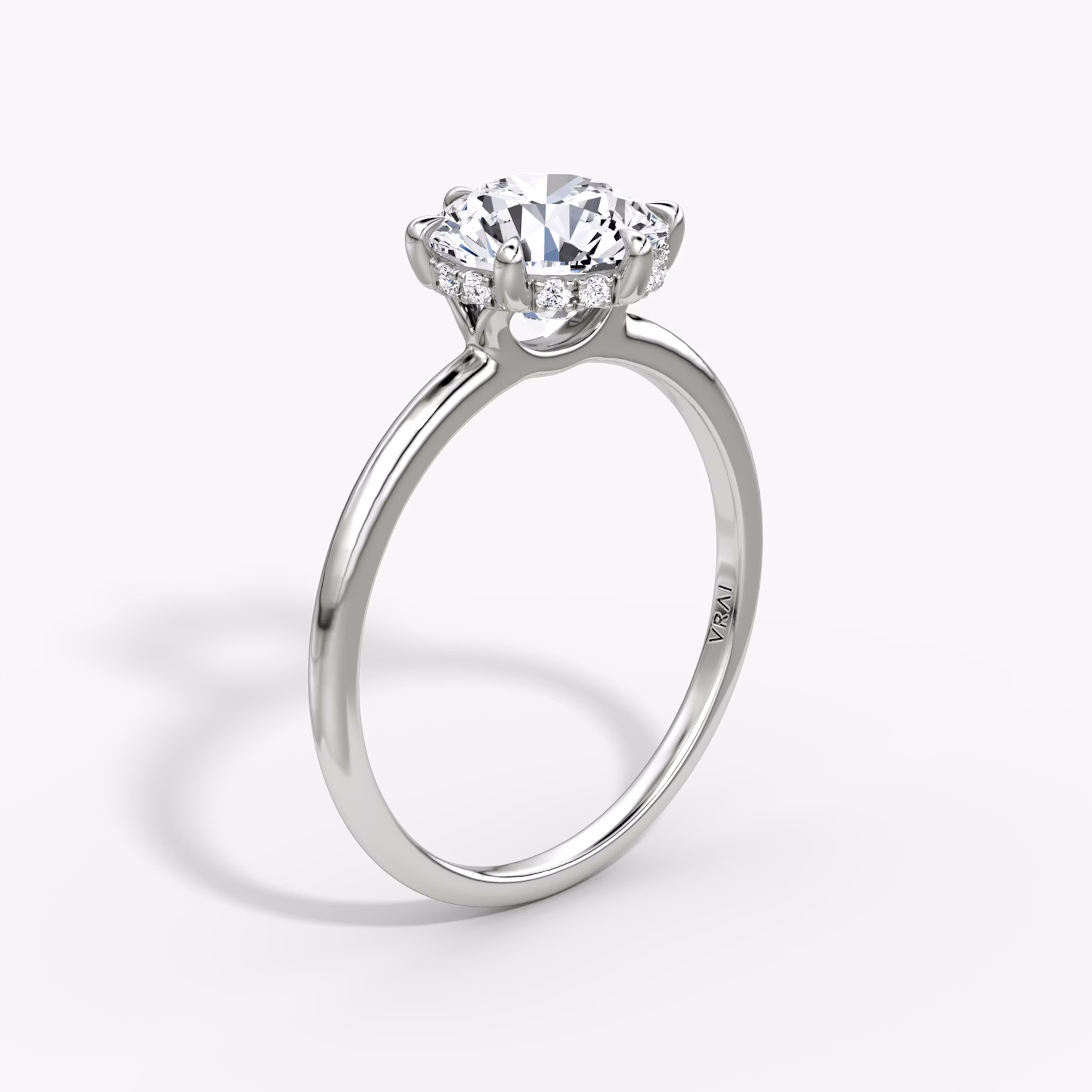 The Signature 6 Prong | Round Brilliant | 18k | White Gold | bandAccent: Plain | bandWidth: standard | caratWeight: other | hiddenHalo: yes | diamondOrientation: vertical