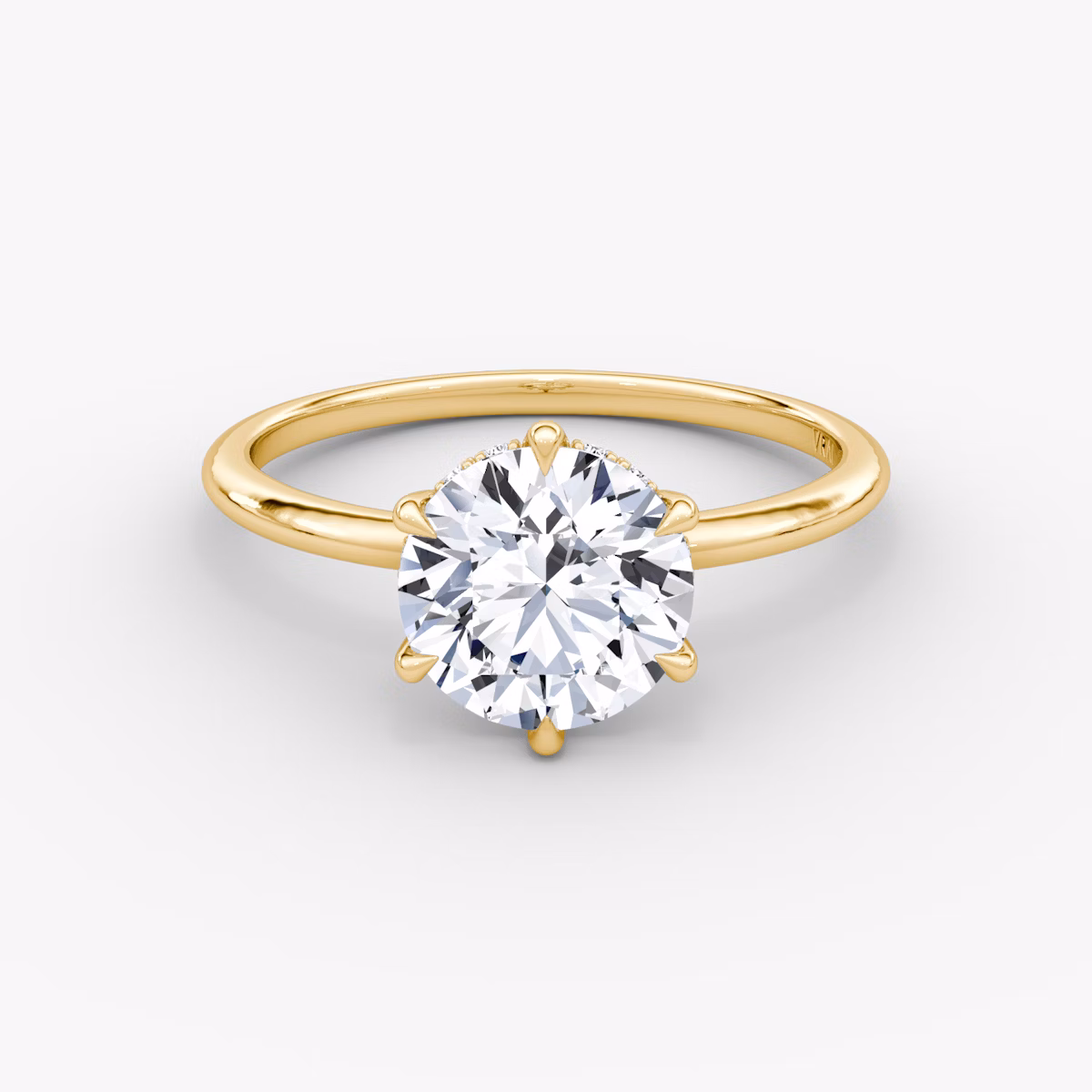 The Signature 6 Prong | Round Brilliant | 18k | Yellow Gold | bandAccent: Plain | bandWidth: standard | caratWeight: 1.5ct | hiddenHalo: yes | diamondOrientation: vertical