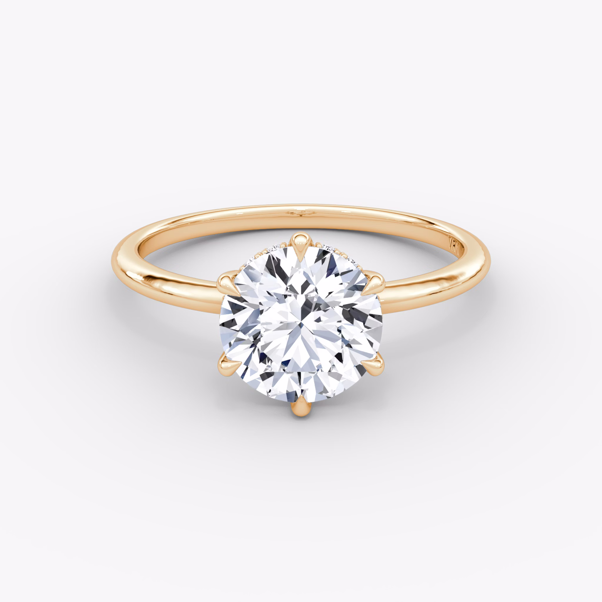 The Signature 6 Prong | Round Brilliant | 14k | Rose Gold | bandAccent: Plain | bandWidth: standard | caratWeight: 1.5ct | hiddenHalo: yes | diamondOrientation: vertical