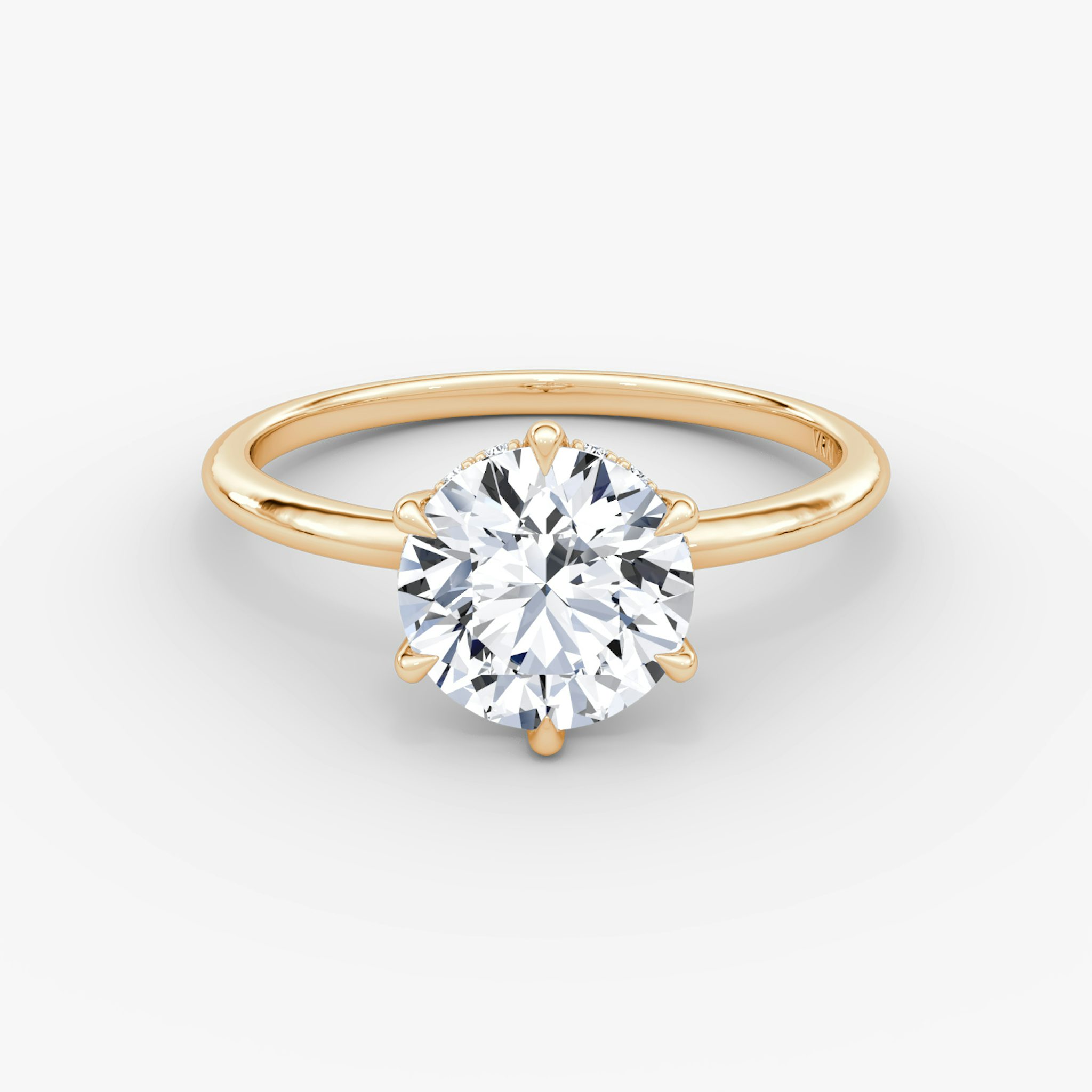 The Signature 6 Prong | Round Brilliant | 14k | Rose Gold | bandAccent: Plain | bandWidth: standard | caratWeight: 1.5ct | hiddenHalo: yes | diamondOrientation: vertical