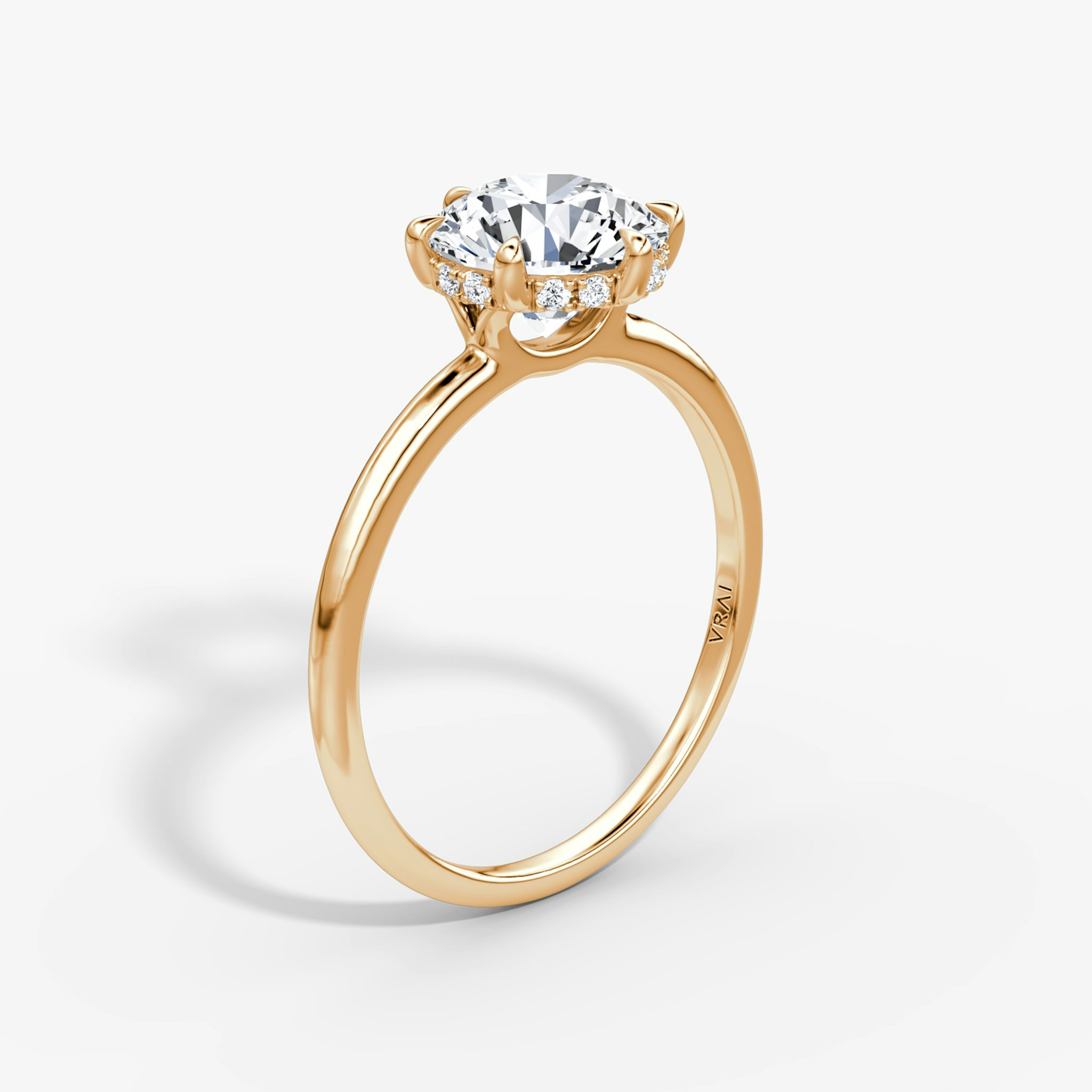 The Signature 6 Prong | Round Brilliant | 14k | Rose Gold | bandAccent: Plain | bandWidth: standard | caratWeight: 1.5ct | hiddenHalo: yes | diamondOrientation: vertical
