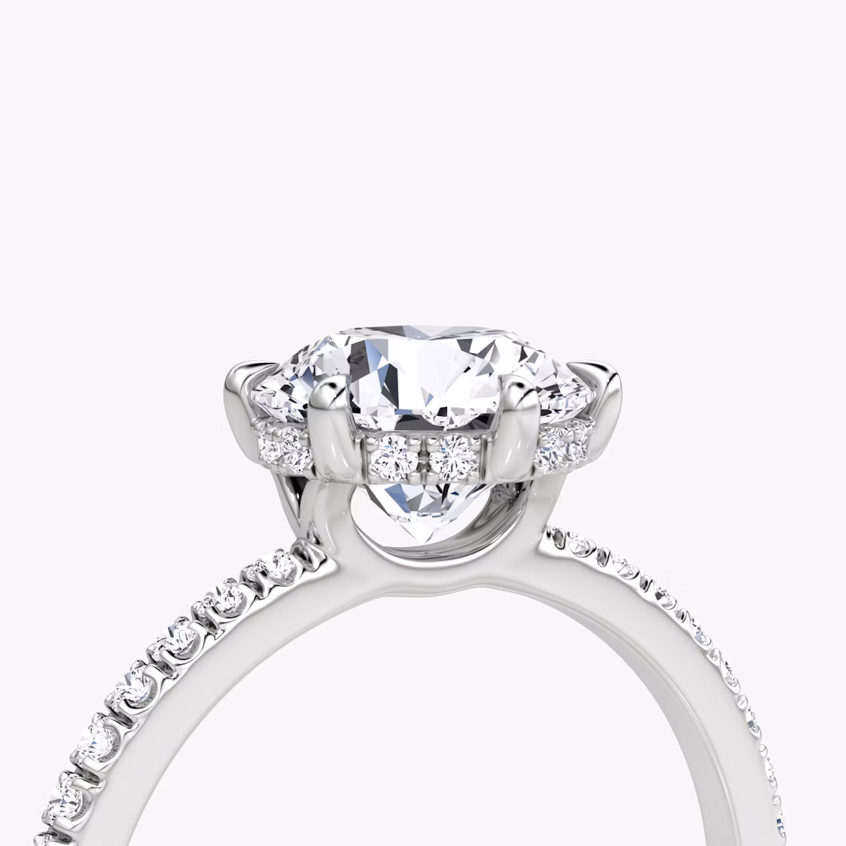 The Signature 6 Prong | Round Brilliant | 18k | White Gold | bandAccent: Pavé | bandWidth: standard | caratWeight: 1.0ct | hiddenHalo: yes | diamondOrientation: vertical