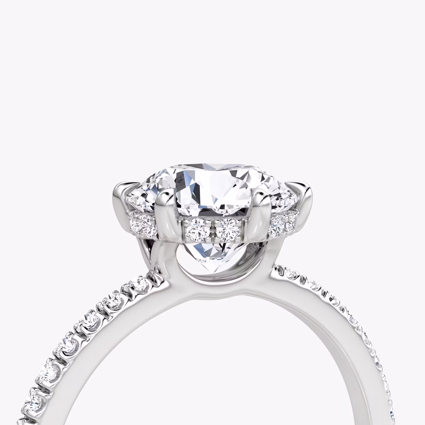 The Signature 6 Prong | Round Brilliant | Platinum | bandAccent: Pavé | bandWidth: standard | caratWeight: 2.0ct | hiddenHalo: yes | diamondOrientation: vertical
