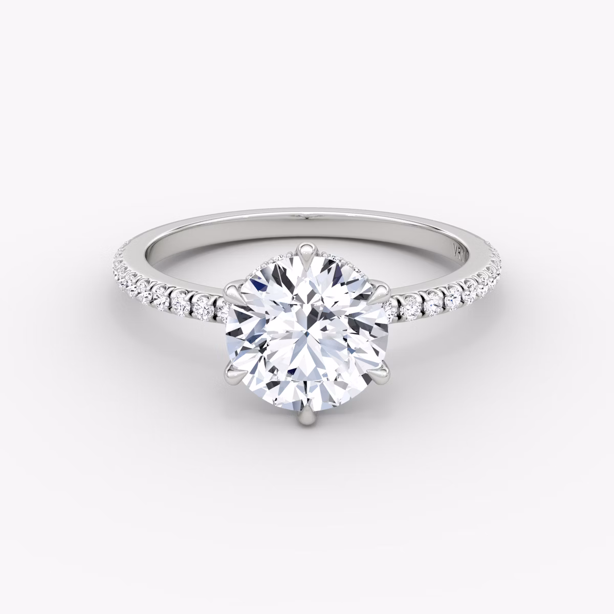 The Signature 6 Prong | Round Brilliant | 18k | White Gold | bandAccent: Pavé | bandWidth: standard | caratWeight: 1.0ct | hiddenHalo: yes | diamondOrientation: vertical