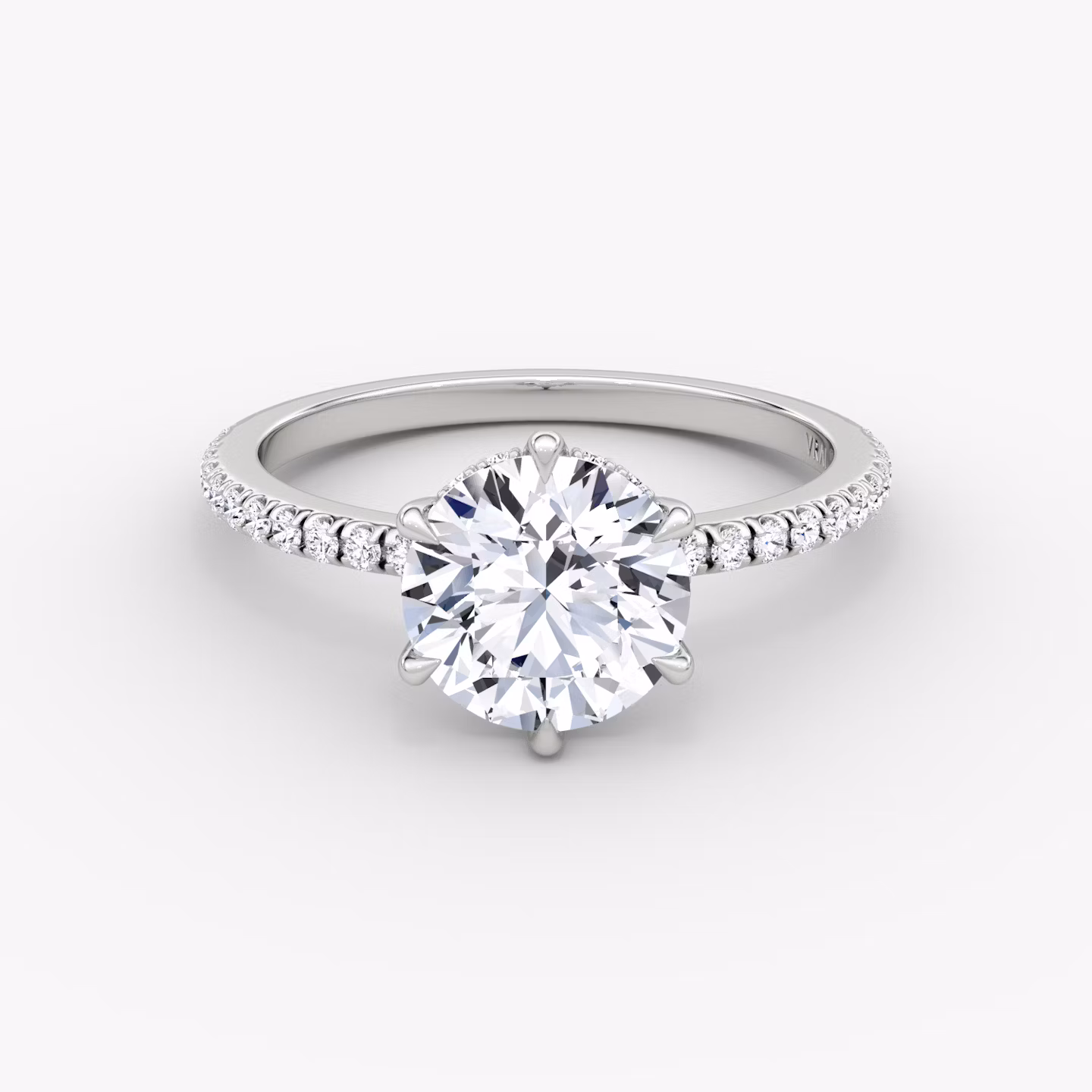 The Signature 6 Prong | Round Brilliant | Platinum | bandAccent: Pavé | bandWidth: standard | caratWeight: 2.0ct | hiddenHalo: yes | diamondOrientation: vertical