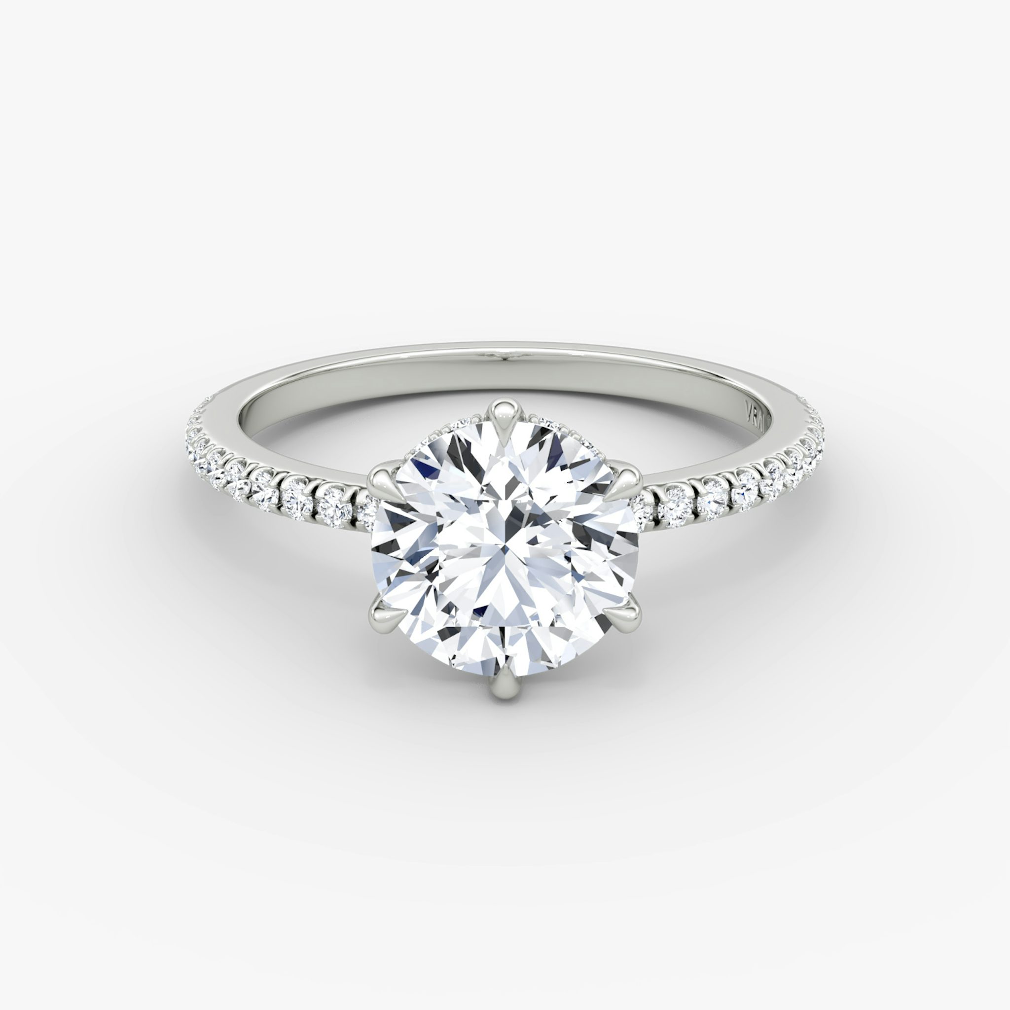 The Signature 6 Prong | Round Brilliant | 18k | White Gold | bandAccent: Pavé | bandWidth: standard | caratWeight: other | hiddenHalo: yes | diamondOrientation: vertical