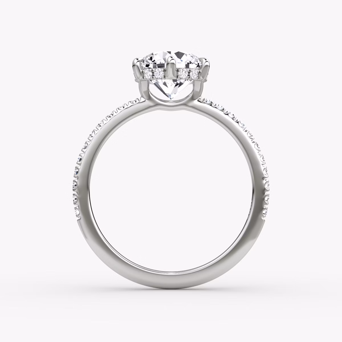 The Signature 6 Prong | Round Brilliant | 18k | White Gold | bandAccent: Pavé | bandWidth: standard | caratWeight: 1.0ct | hiddenHalo: yes | diamondOrientation: vertical