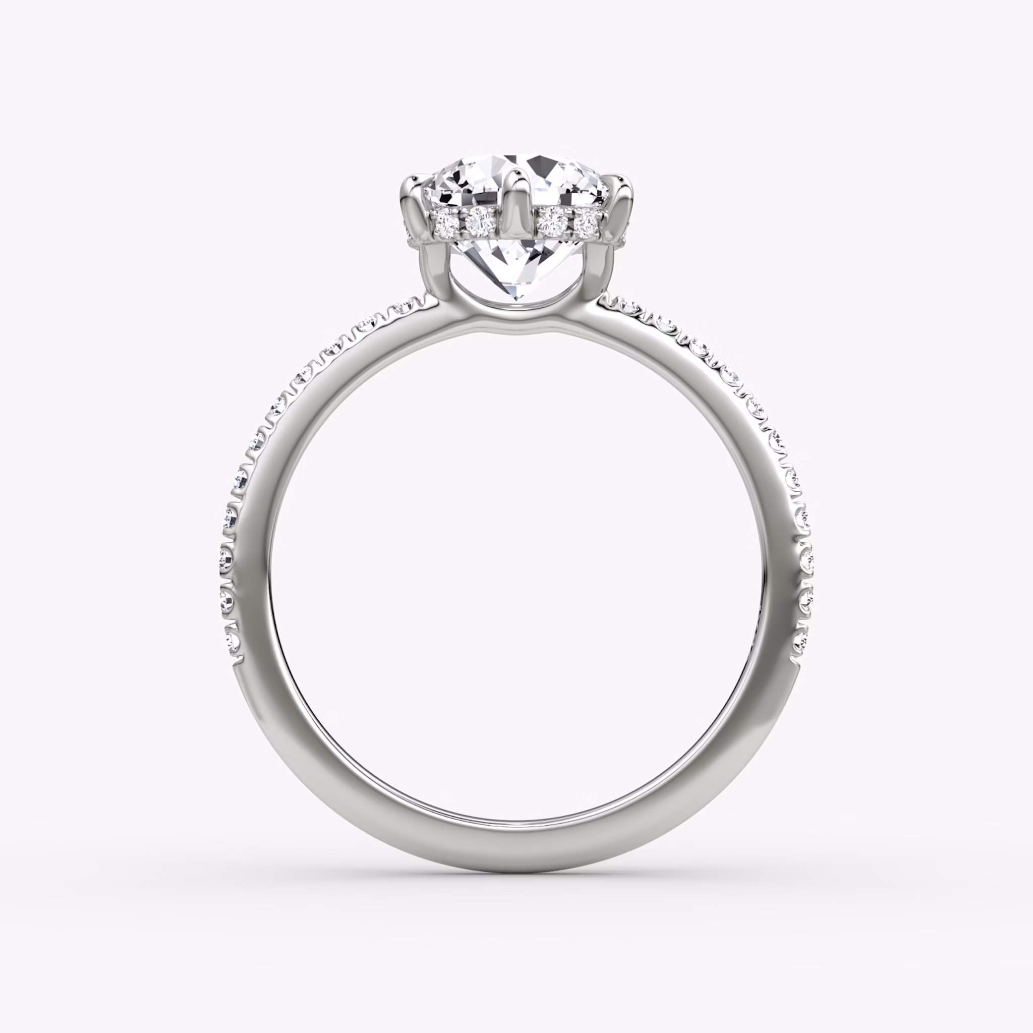 The Signature 6 Prong | Round Brilliant | 18k | White Gold | bandAccent: Pavé | bandWidth: standard | caratWeight: other | hiddenHalo: yes | diamondOrientation: vertical