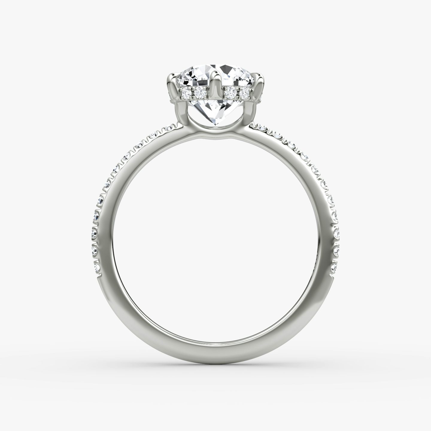 The Signature 6 Prong | Round Brilliant | Platinum | bandAccent: Pavé | bandWidth: standard | caratWeight: 2.0ct | hiddenHalo: yes | diamondOrientation: vertical