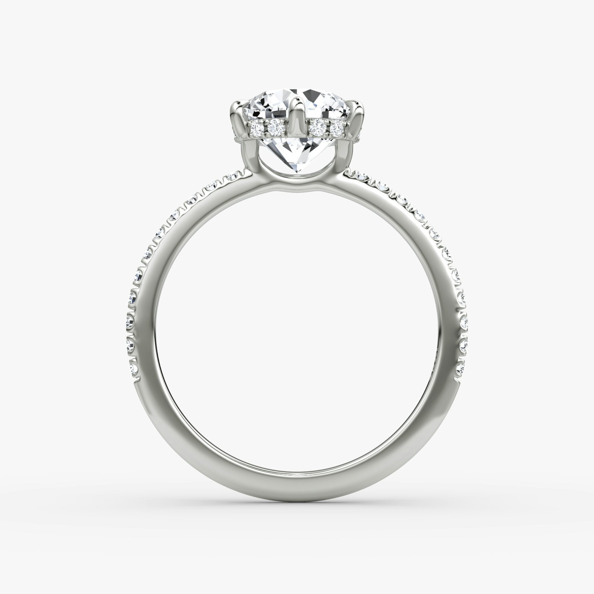 The Signature 6 Prong | Round Brilliant | 18k | White Gold | bandAccent: Pavé | bandWidth: standard | caratWeight: other | hiddenHalo: yes | diamondOrientation: vertical