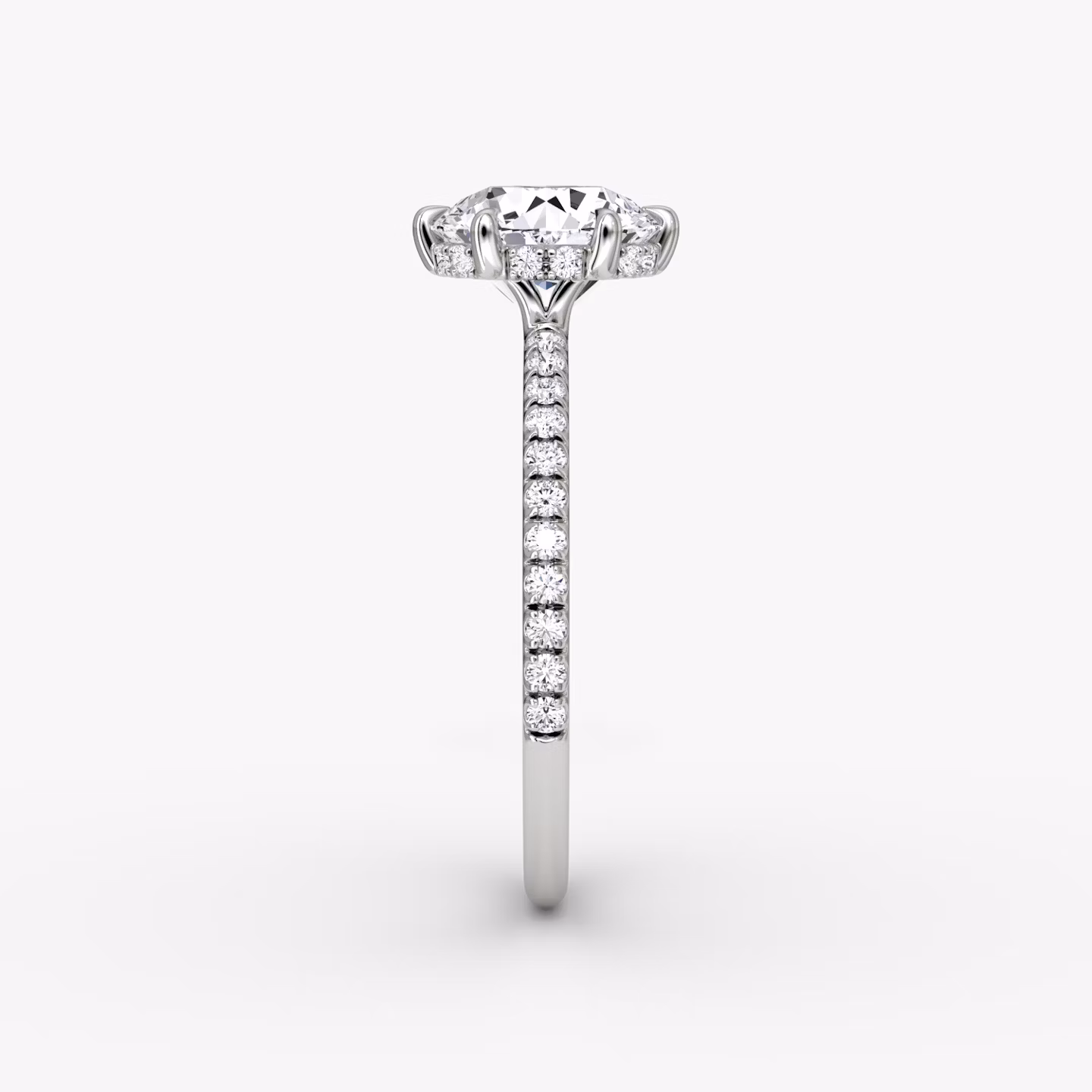The Signature 6 Prong | Round Brilliant | Platinum | bandAccent: Pavé | bandWidth: standard | caratWeight: 2.0ct | hiddenHalo: yes | diamondOrientation: vertical