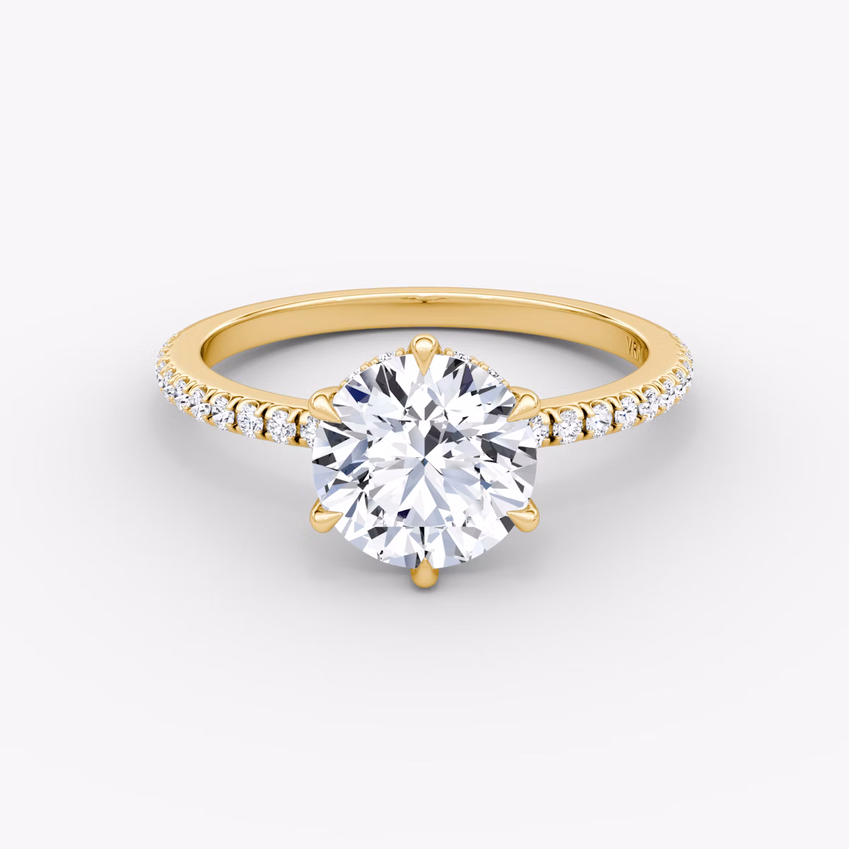 The Signature 6 Prong | Round Brilliant | 18k | Yellow Gold | bandAccent: Pavé | bandWidth: standard | caratWeight: 1.0ct | hiddenHalo: yes | diamondOrientation: vertical