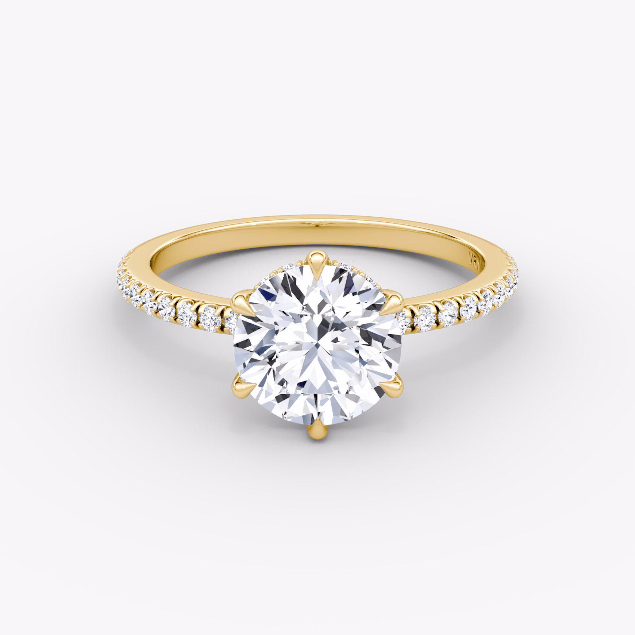 The Signature 6 Prong | Round Brilliant | 18k | Yellow Gold | bandAccent: Pavé | bandWidth: standard | caratWeight: other | hiddenHalo: yes | diamondOrientation: vertical
