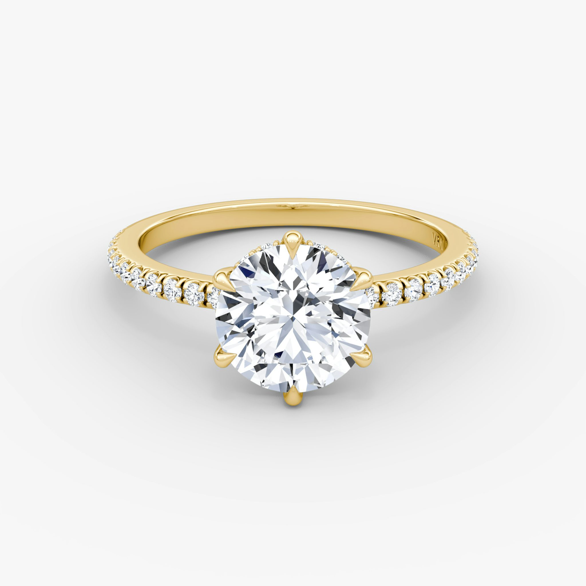 The Signature 6 Prong | Round Brilliant | 18k | Yellow Gold | bandAccent: Pavé | bandWidth: standard | caratWeight: other | hiddenHalo: yes | diamondOrientation: vertical