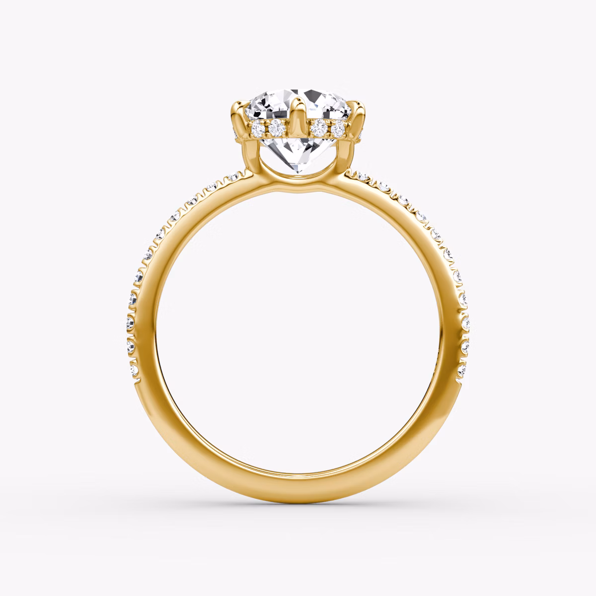 The Signature 6 Prong | Round Brilliant | 18k | Yellow Gold | bandAccent: Pavé | bandWidth: standard | caratWeight: 1.0ct | hiddenHalo: yes | diamondOrientation: vertical