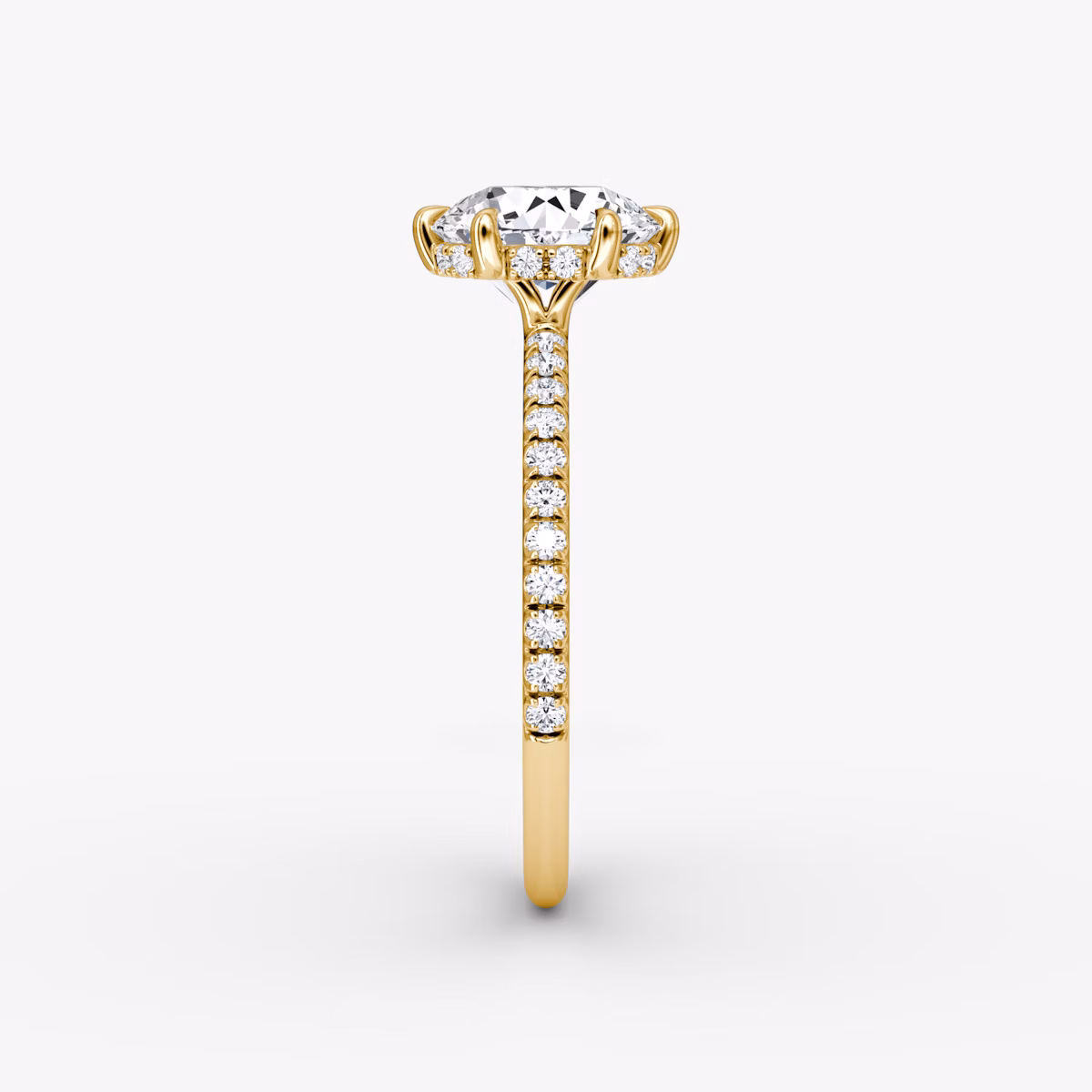 The Signature 6 Prong | Round Brilliant | 18k | Yellow Gold | bandAccent: Pavé | bandWidth: standard | caratWeight: 1.0ct | hiddenHalo: yes | diamondOrientation: vertical