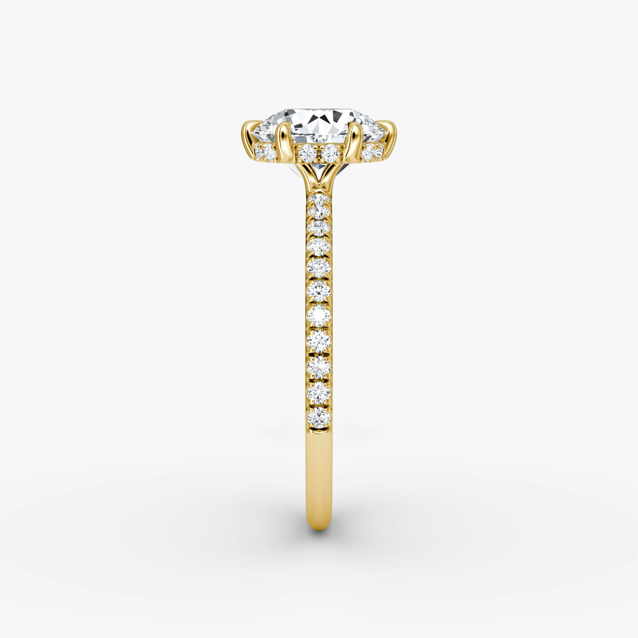 The Signature 6 Prong | Round Brilliant | 18k | Yellow Gold | bandAccent: Pavé | bandWidth: standard | caratWeight: other | hiddenHalo: yes | diamondOrientation: vertical