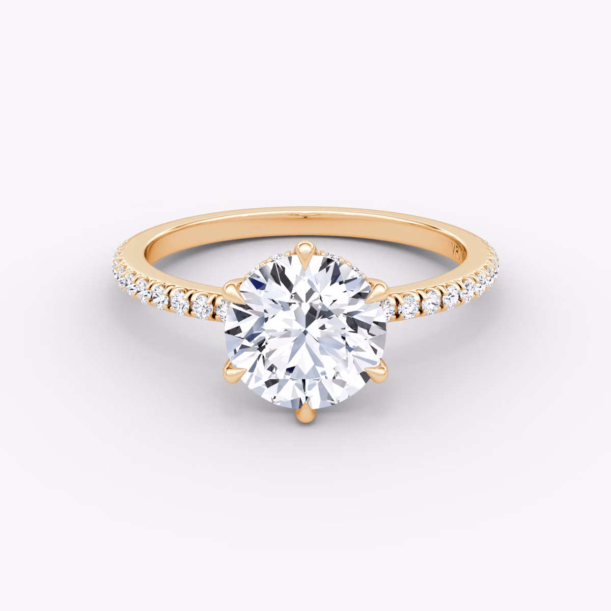 The Signature 6 Prong | Round Brilliant | 14k | Rose Gold | bandAccent: Pavé | bandWidth: standard | caratWeight: 2.0ct | hiddenHalo: yes | diamondOrientation: vertical
