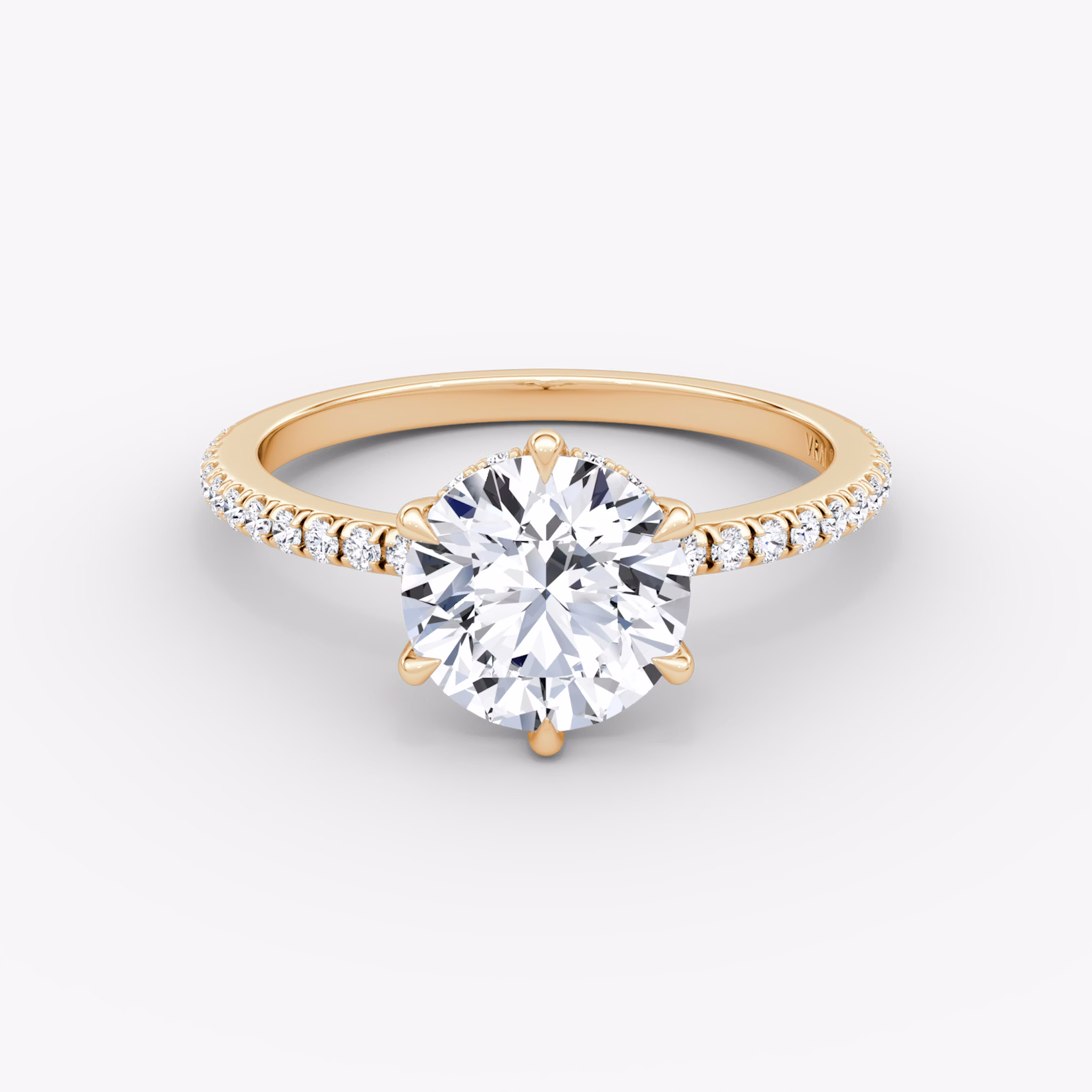 The Signature 6 Prong | Round Brilliant | 14k | Rose Gold | bandAccent: Pavé | bandWidth: standard | caratWeight: other | hiddenHalo: yes | diamondOrientation: vertical
