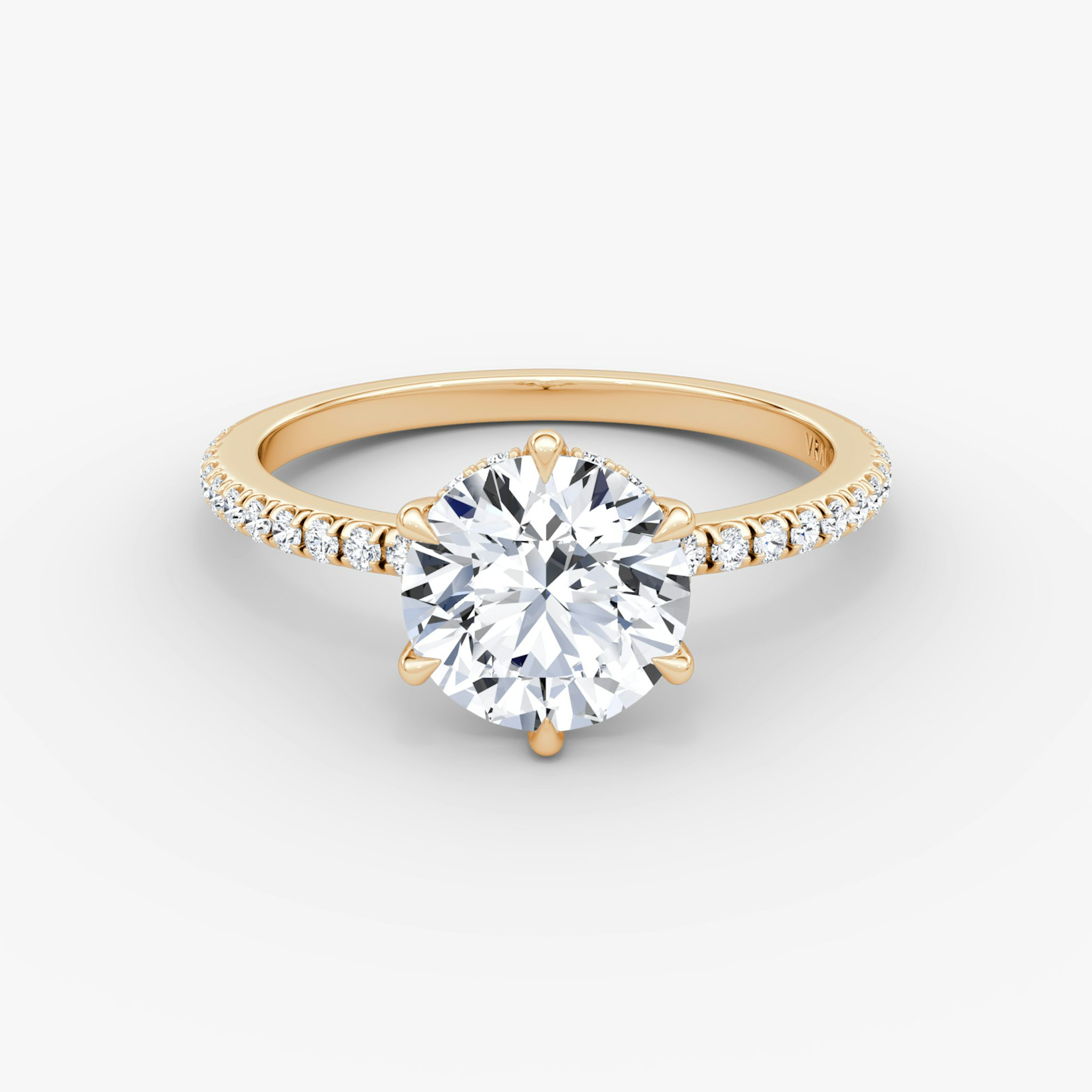 The Signature 6 Prong | Round Brilliant | 14k | Rose Gold | bandAccent: Pavé | bandWidth: standard | caratWeight: other | hiddenHalo: yes | diamondOrientation: vertical