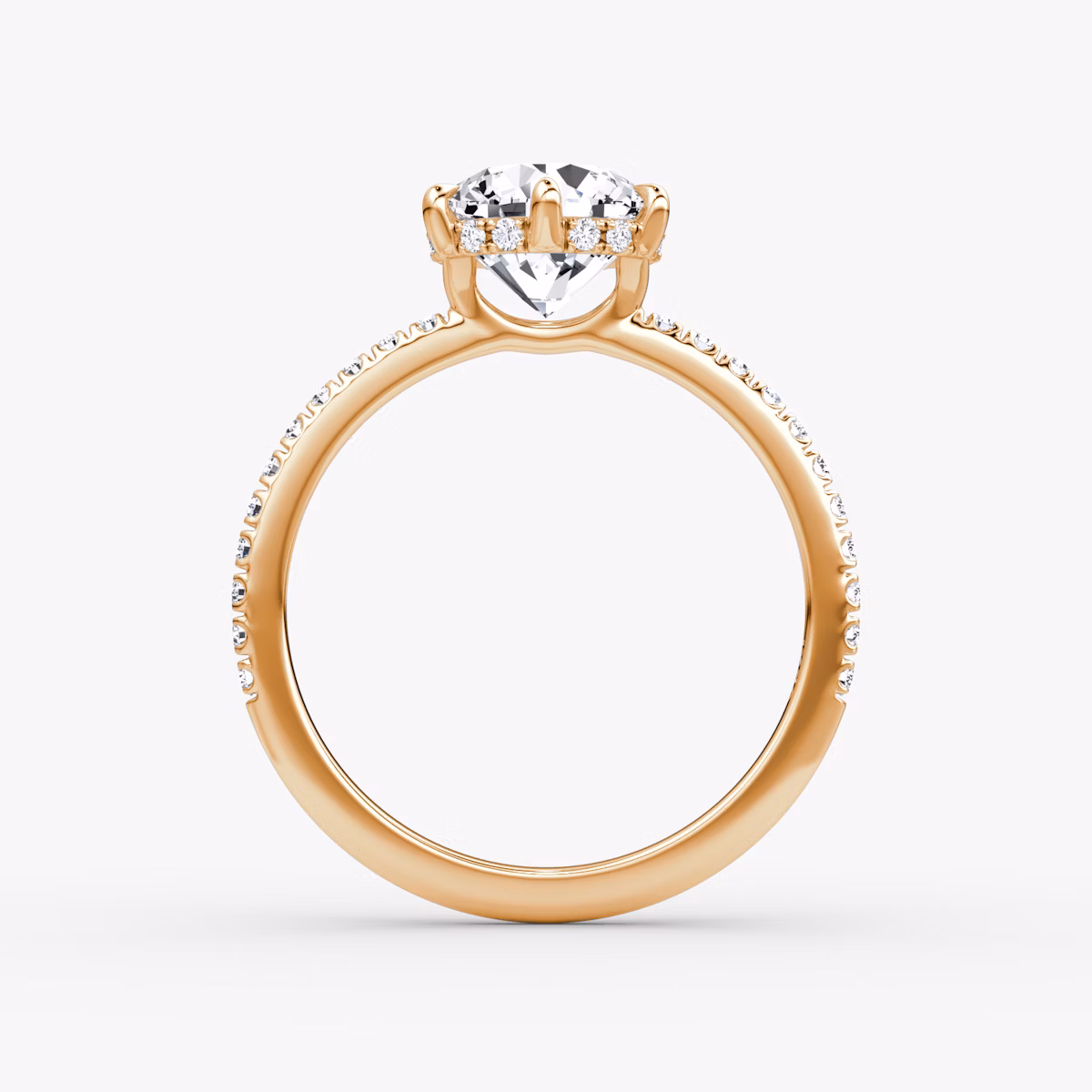 The Signature 6 Prong | Round Brilliant | 14k | Rose Gold | bandAccent: Pavé | bandWidth: standard | caratWeight: 2.0ct | hiddenHalo: yes | diamondOrientation: vertical