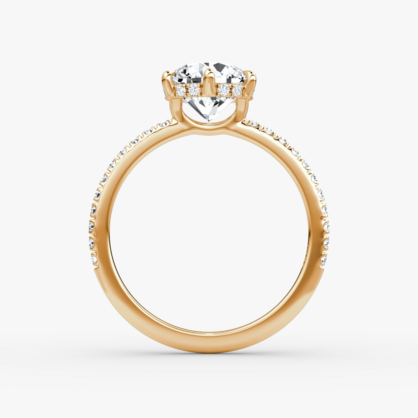 The Signature 6 Prong | Round Brilliant | 14k | Rose Gold | bandAccent: Pavé | bandWidth: standard | caratWeight: other | hiddenHalo: yes | diamondOrientation: vertical