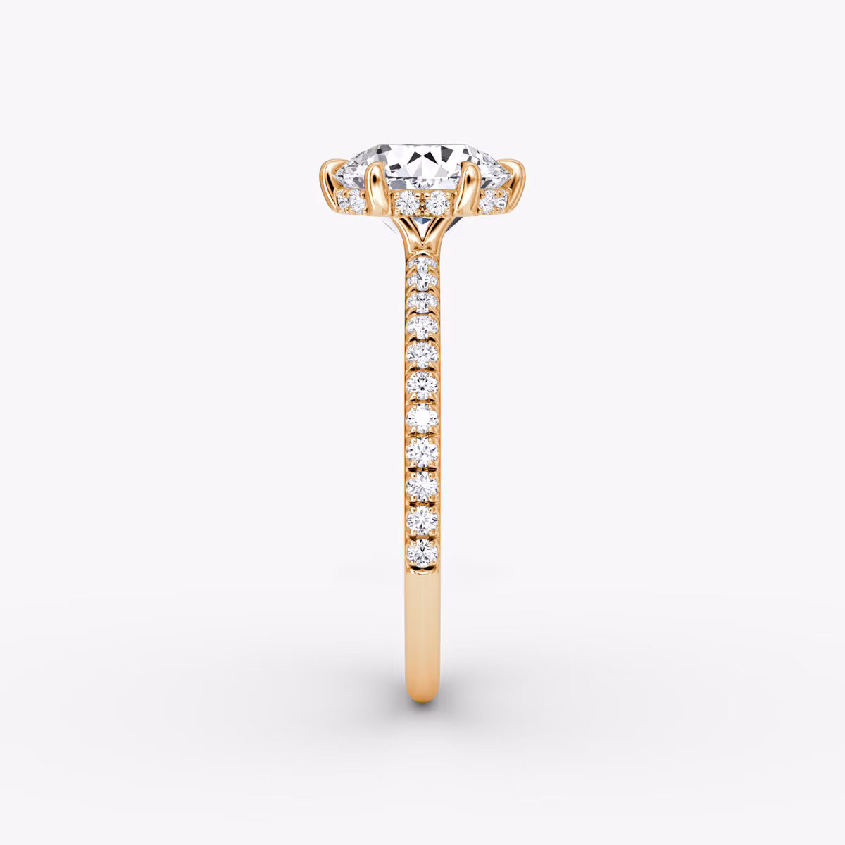 The Signature 6 Prong | Round Brilliant | 14k | Rose Gold | bandAccent: Pavé | bandWidth: standard | caratWeight: 2.0ct | hiddenHalo: yes | diamondOrientation: vertical