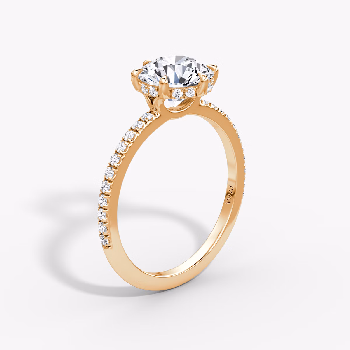 The Signature 6 Prong | Round Brilliant | 14k | Rose Gold | bandAccent: Pavé | bandWidth: standard | caratWeight: 2.0ct | hiddenHalo: yes | diamondOrientation: vertical