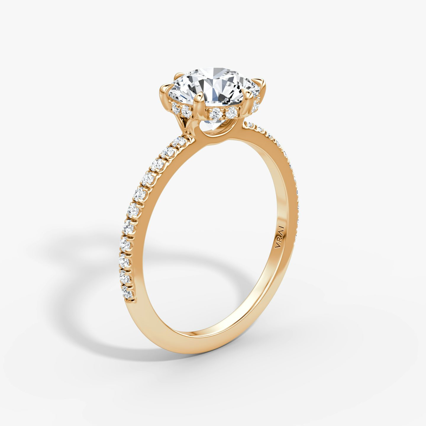 The Signature 6 Prong | Round Brilliant | 14k | Rose Gold | bandAccent: Pavé | bandWidth: standard | caratWeight: other | hiddenHalo: yes | diamondOrientation: vertical