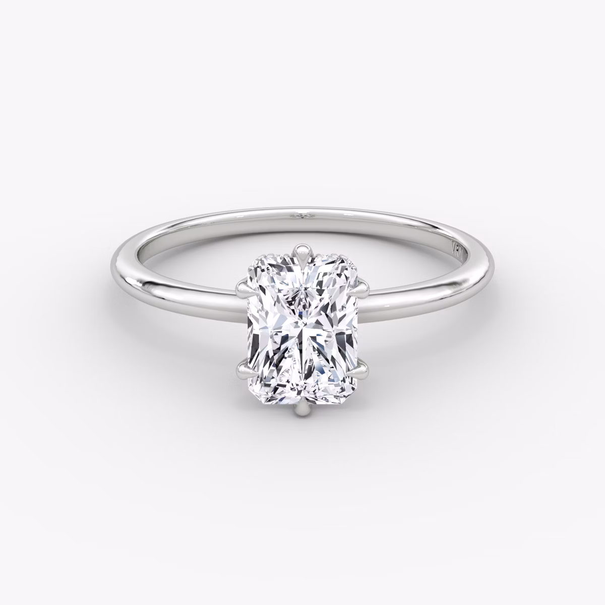 The Signature 6 Prong | Radiant | 18k | White Gold | bandAccent: Plain | bandWidth: standard | hiddenHalo: yes | diamondOrientation: vertical | caratWeight: other