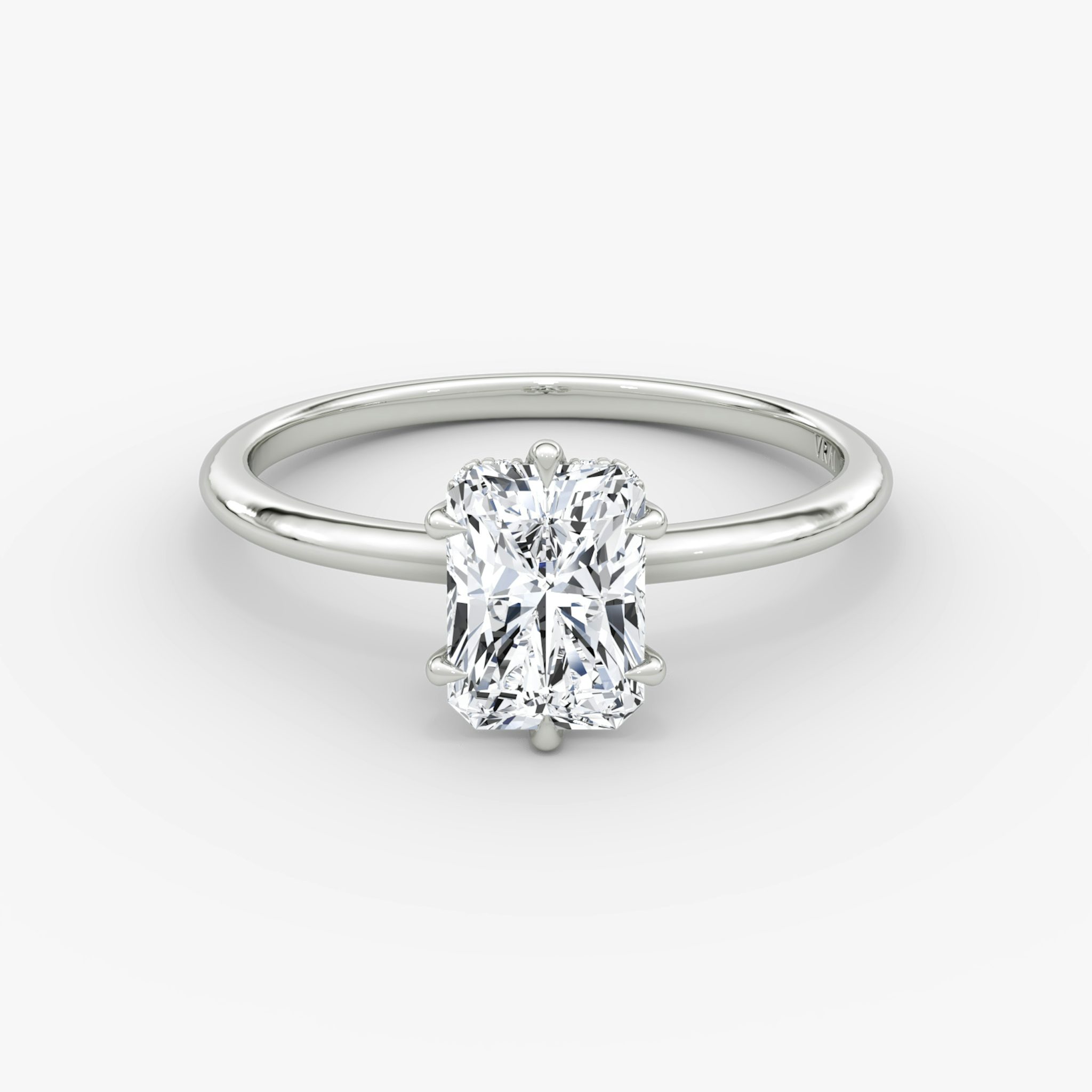 The Signature 6 Prong | Radiant | 18k | White Gold | bandAccent: Plain | bandWidth: standard | hiddenHalo: yes | diamondOrientation: vertical | caratWeight: other