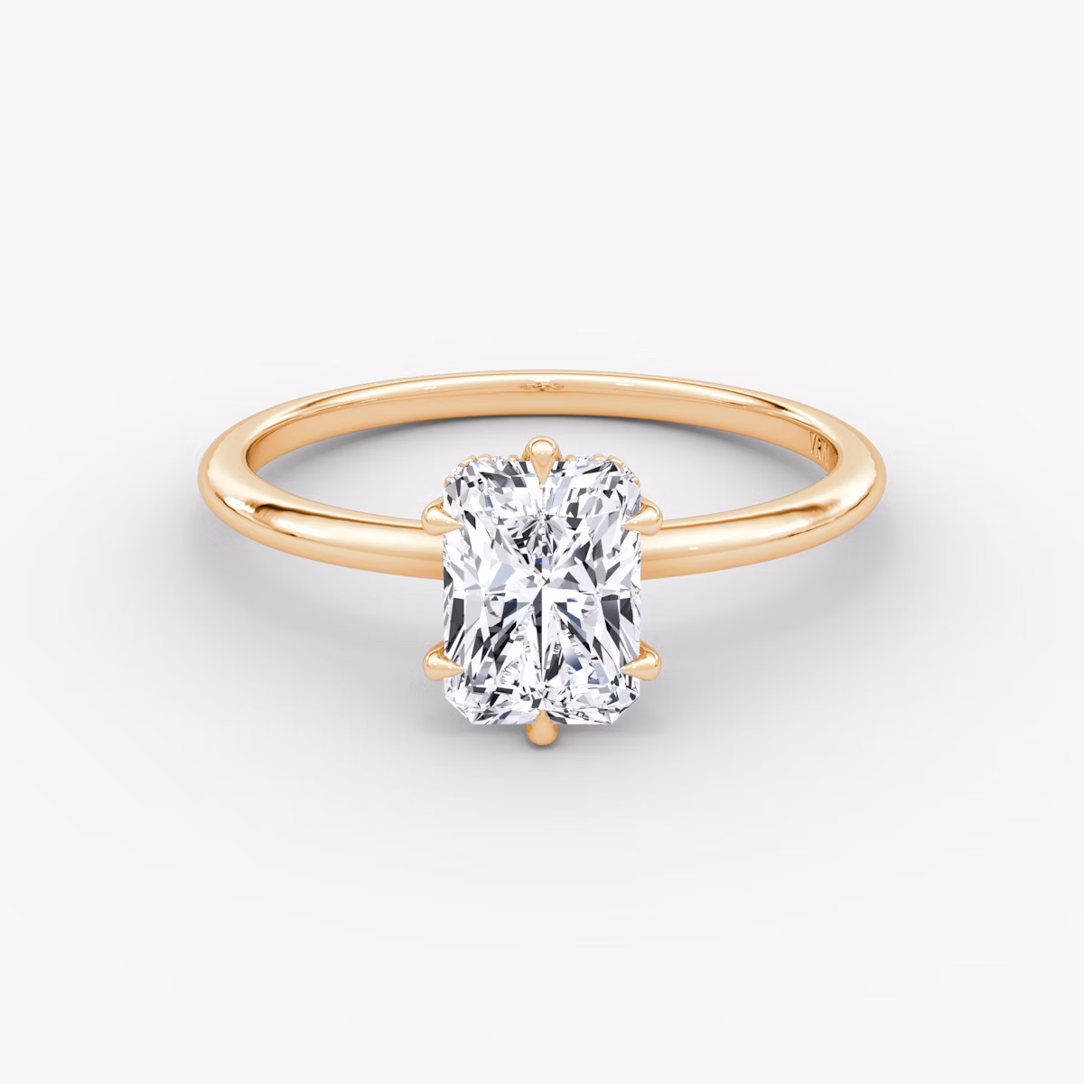 The Signature 6 Prong | Radiant | 14k | Rose Gold | bandAccent: Plain | bandWidth: standard | hiddenHalo: yes | diamondOrientation: vertical | caratWeight: other