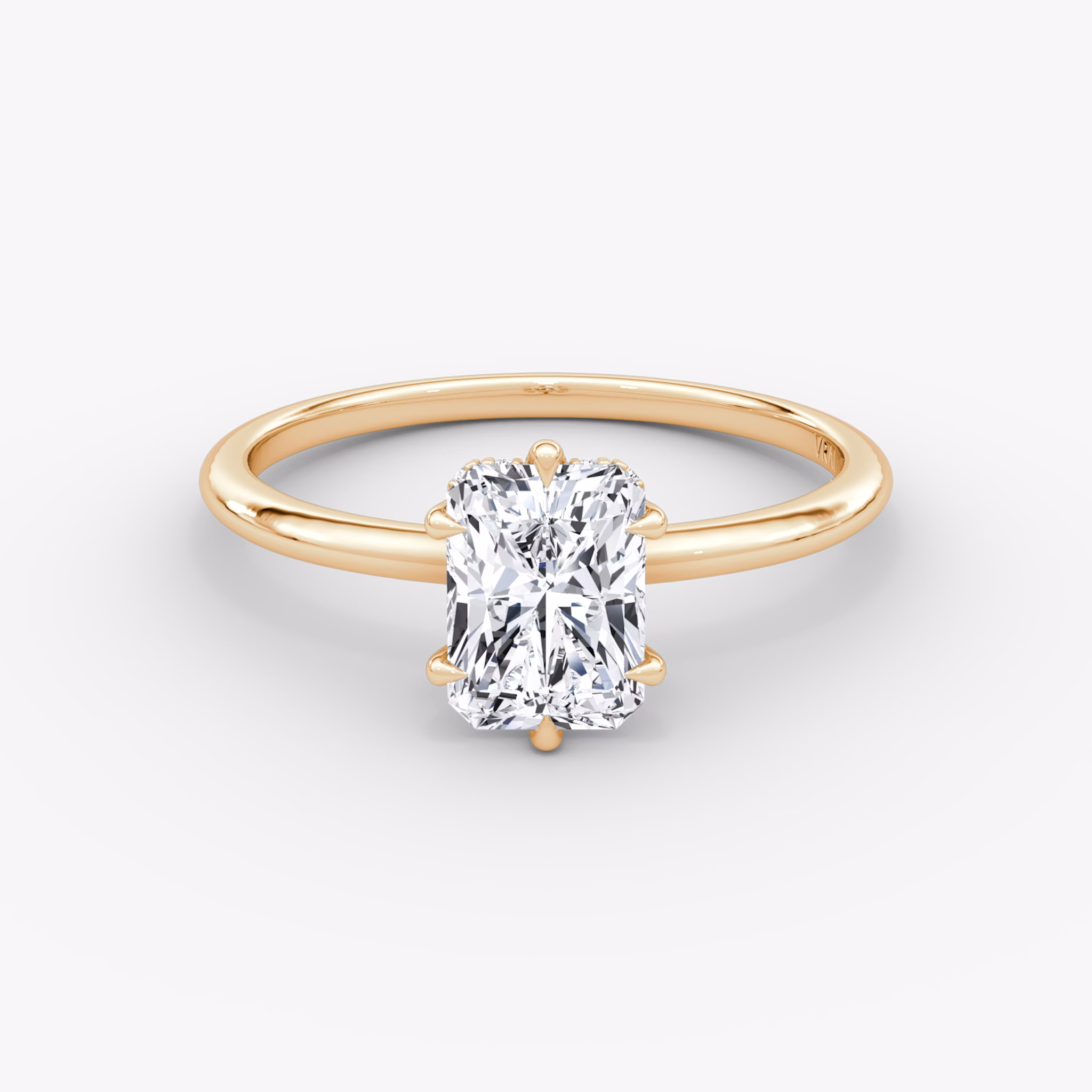 The Signature 6 Prong | Radiant | 14k | Rose Gold | bandAccent: Plain | bandWidth: standard | hiddenHalo: yes | diamondOrientation: vertical | caratWeight: other