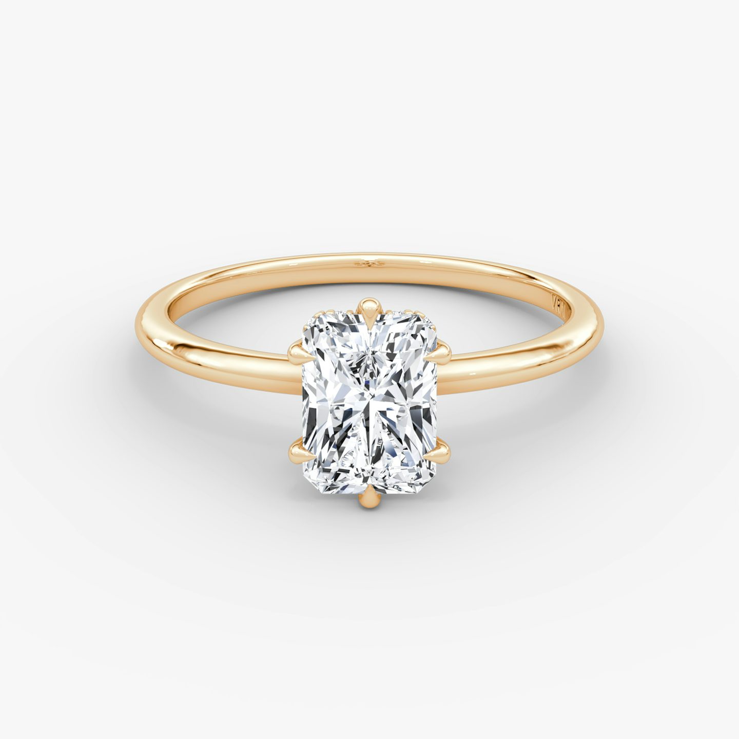 The Signature 6 Prong | Radiant | 14k | Rose Gold | bandAccent: Plain | bandWidth: standard | hiddenHalo: yes | diamondOrientation: vertical | caratWeight: other