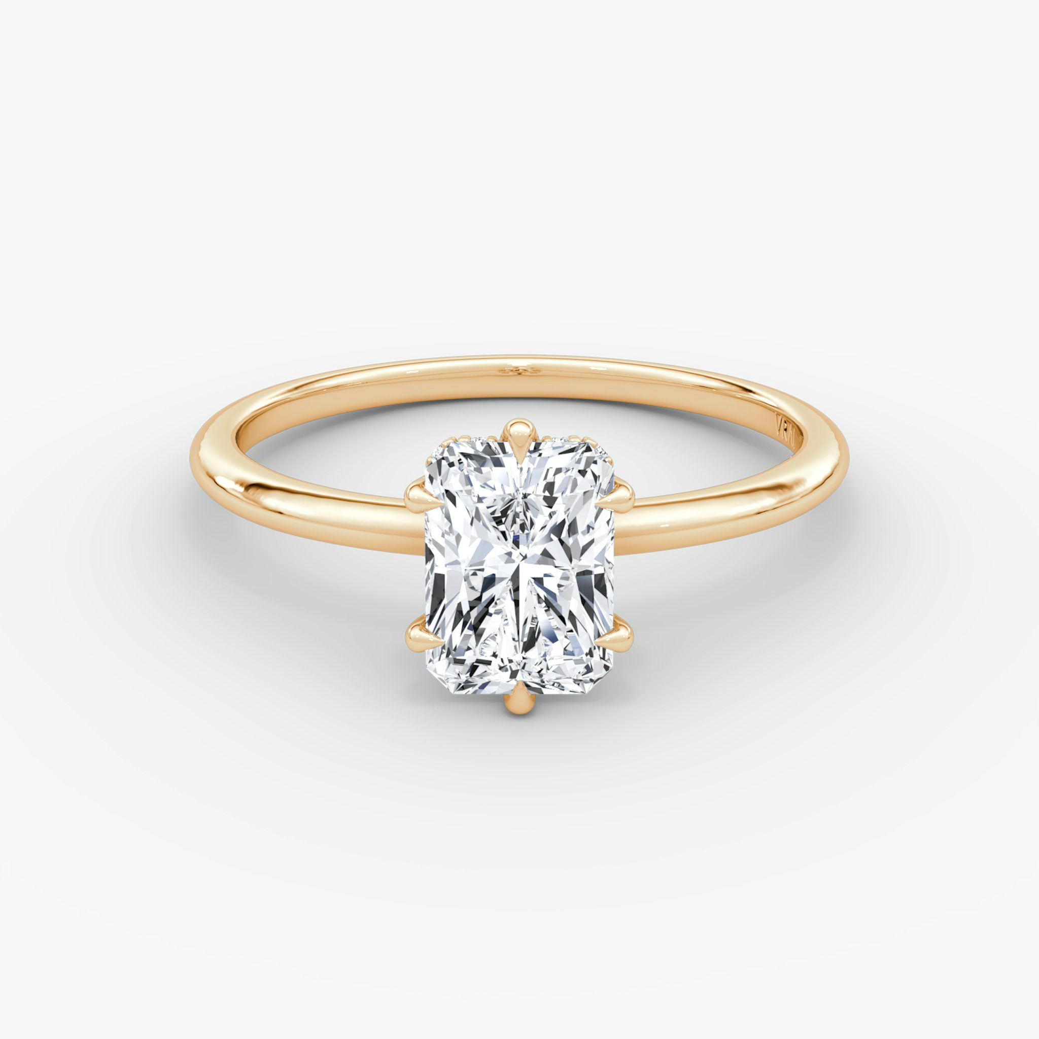 The Signature 6 Prong | Radiant | 14k | Rose Gold | bandAccent: Plain | bandWidth: standard | hiddenHalo: yes | diamondOrientation: vertical | caratWeight: other